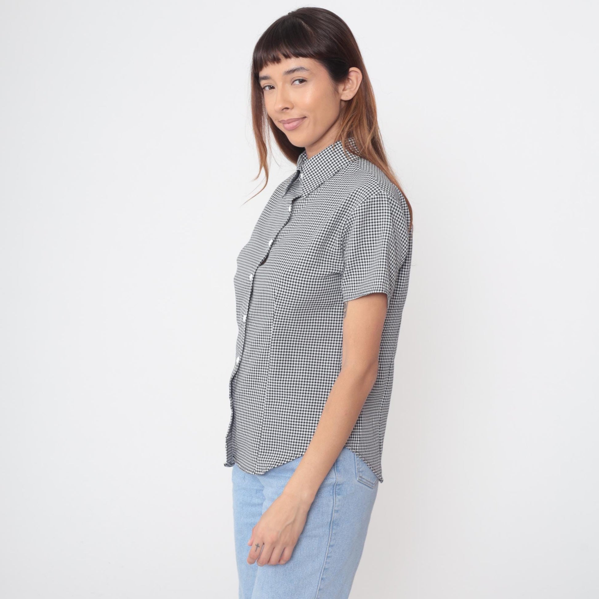 90s Black White Gingham Button-Up Shirt Short Sleeve Collared Blouse Large