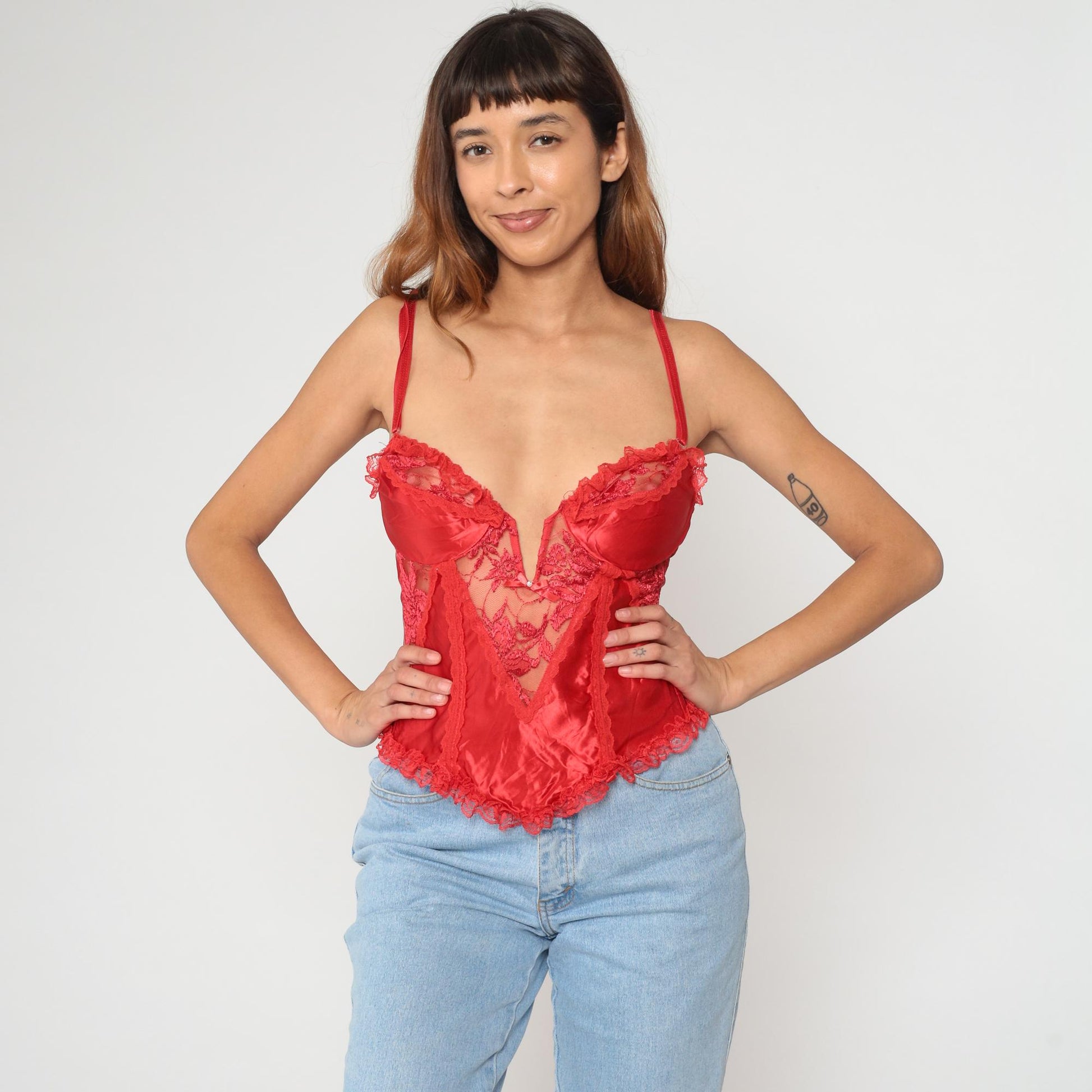 90s Fredericks of Hollywood Red Lace Camisole V-Neck Spaghetti Strap Medium