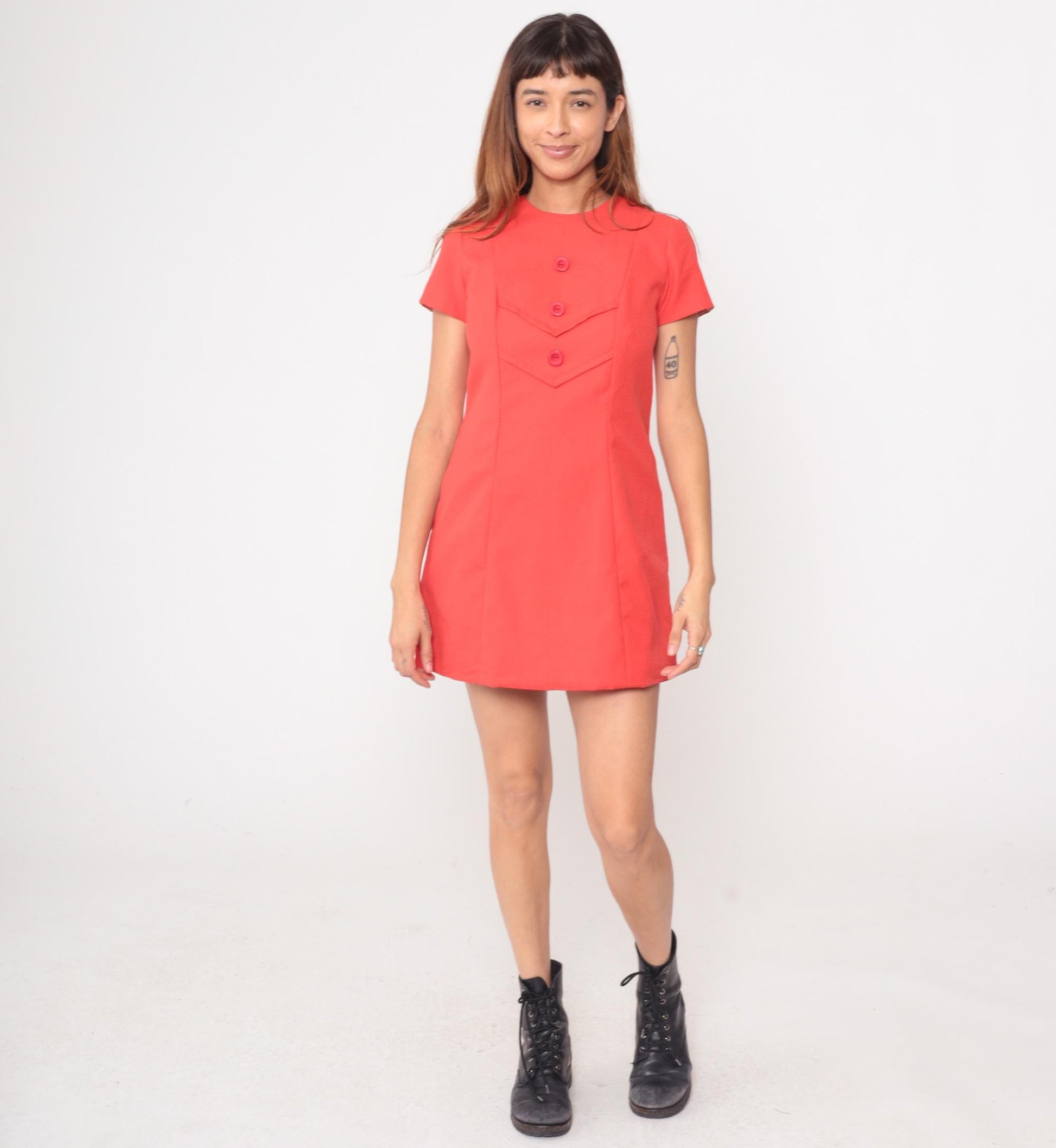 60s Coral Mod Mini Dress Shift A-Line Chevron Short Sleeve Small S