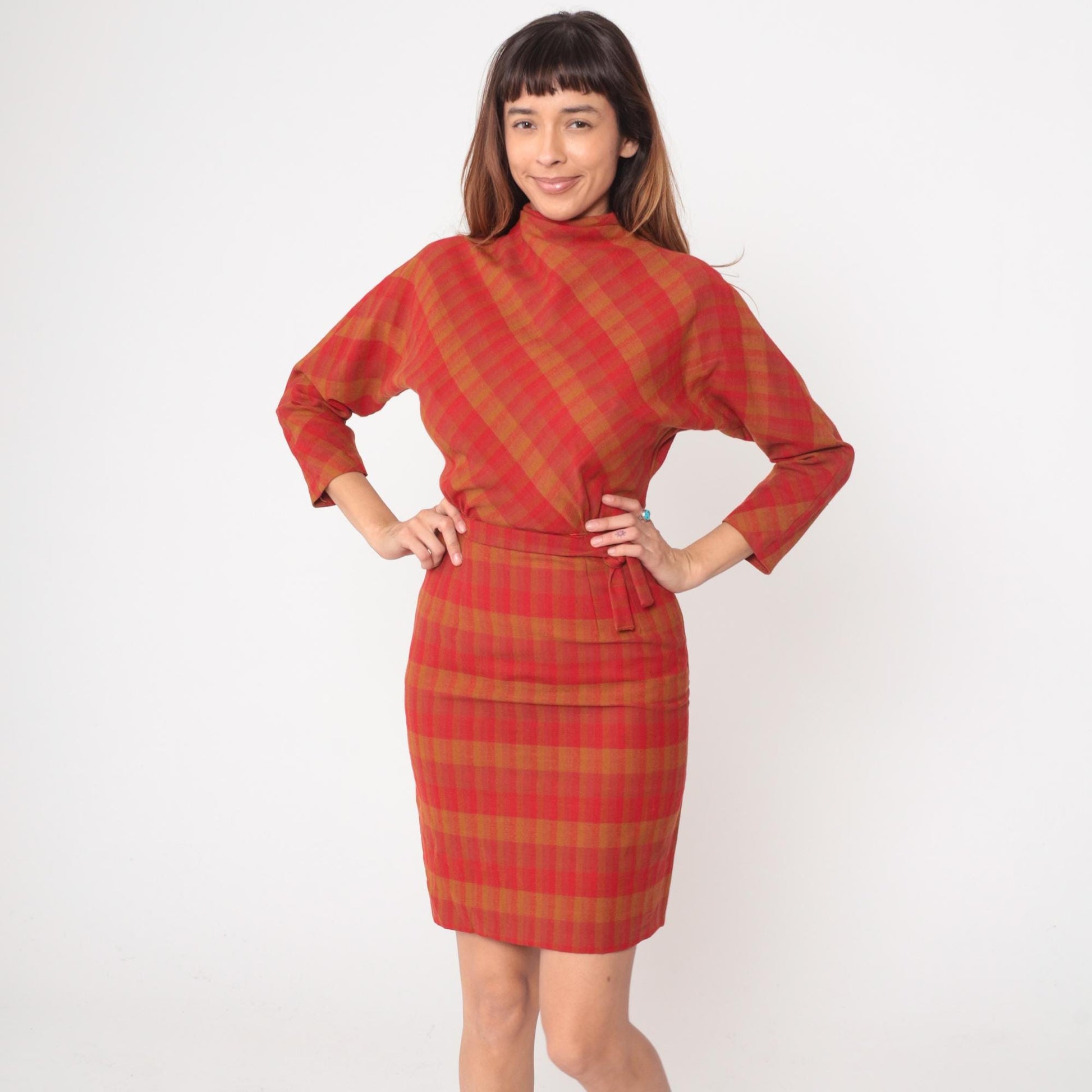 60s Mr Mort Plaid Wool Dress Red Orange Buffalo Check Mock Neck Tie Waist Extra Small
