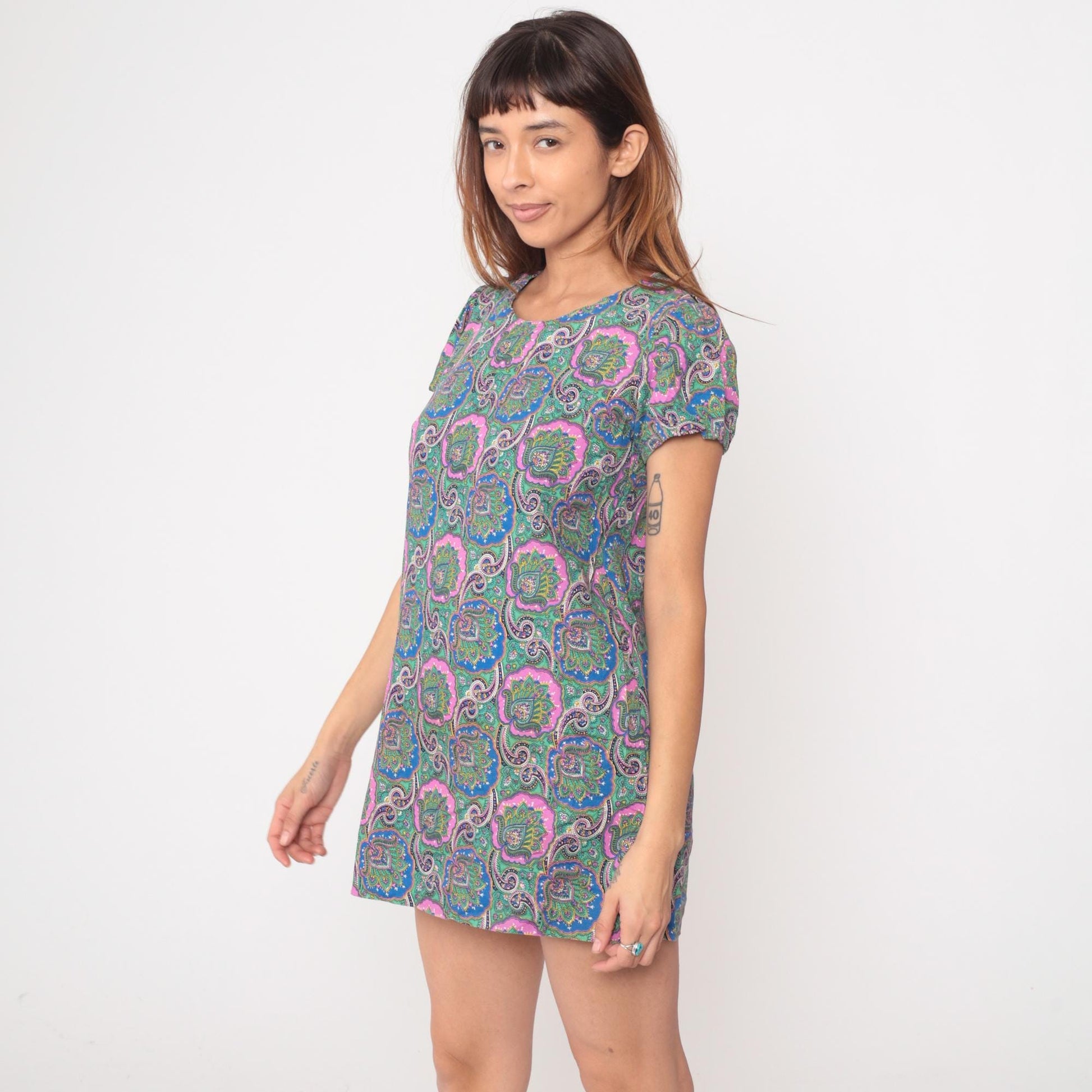 60s Psychedelic Paisley Mini Shift Dress Multicolor Cotton Small S