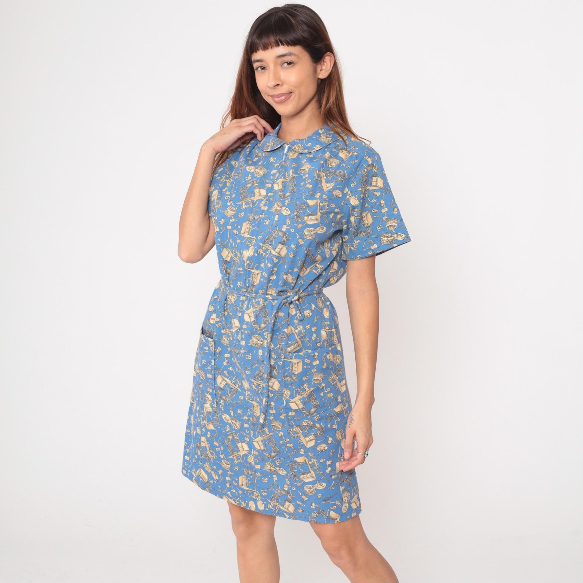 90s Zip n Dash Sewing Print Dress Blue Novelty Knee Length Medium