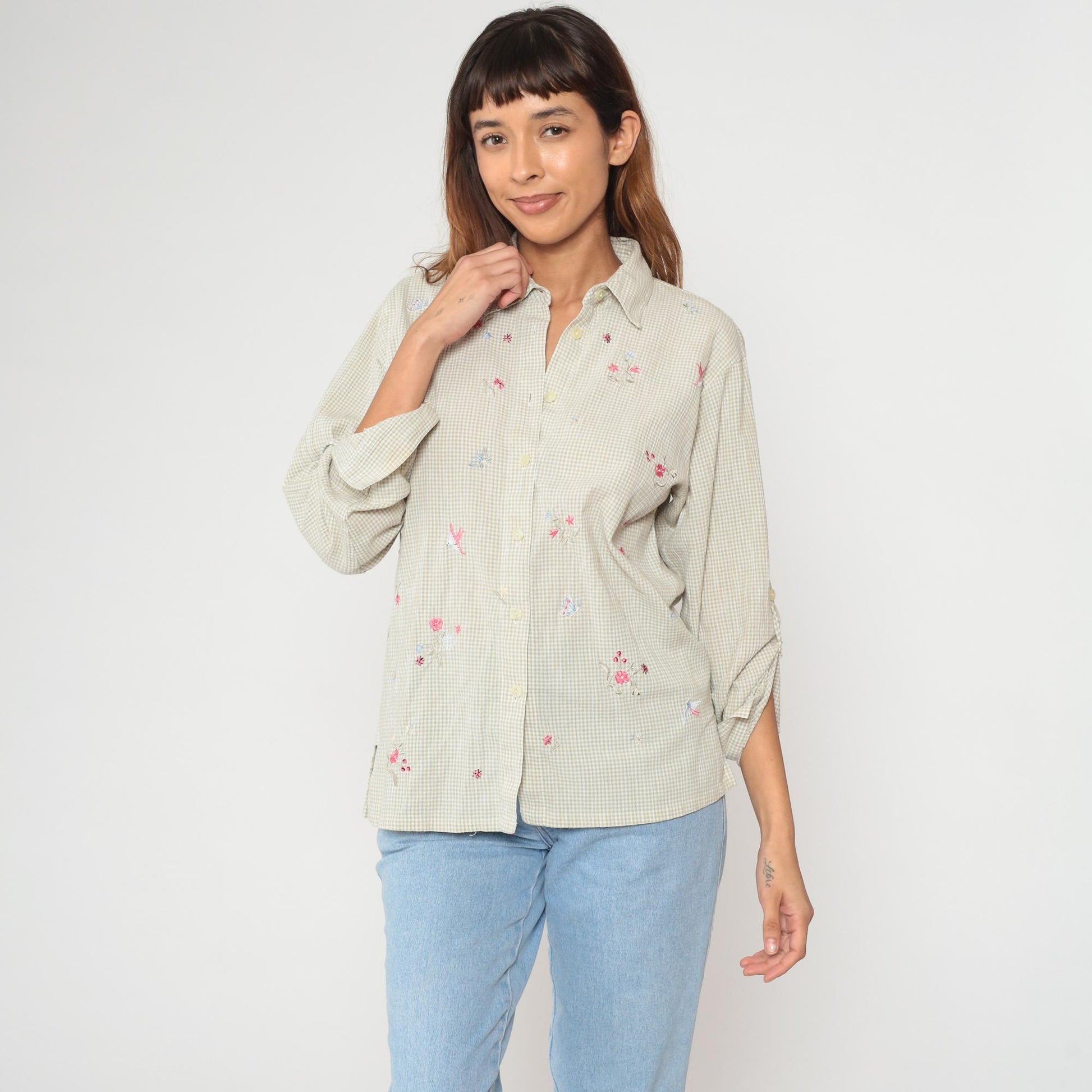 90s Koret Francisca Gingham Floral Embroidered Cotton Blouse Sage Green Small