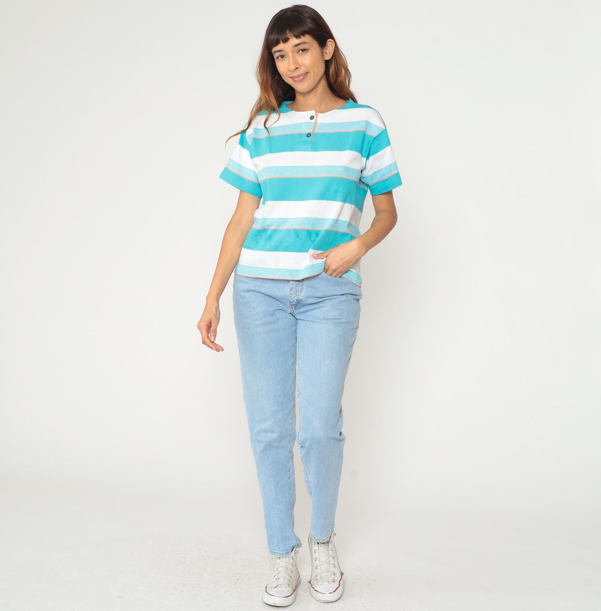 90s Aileen Striped Cotton Shirt Turquoise White Short Sleeve Small