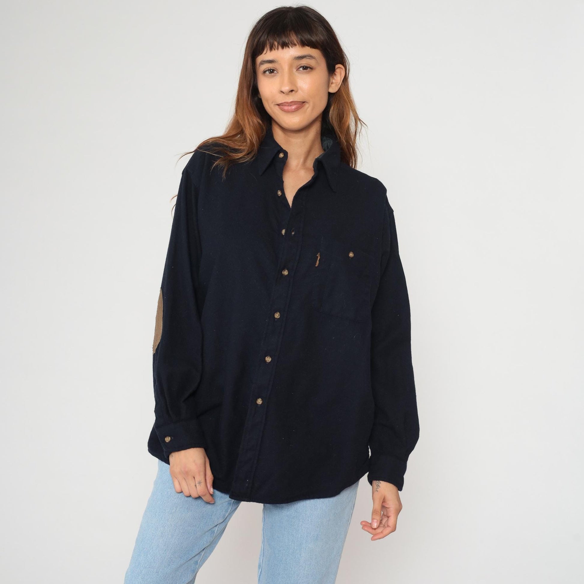 Y2K Pendleton Wool Shirt Navy Blue Suede Elbow Patches Collared Large L