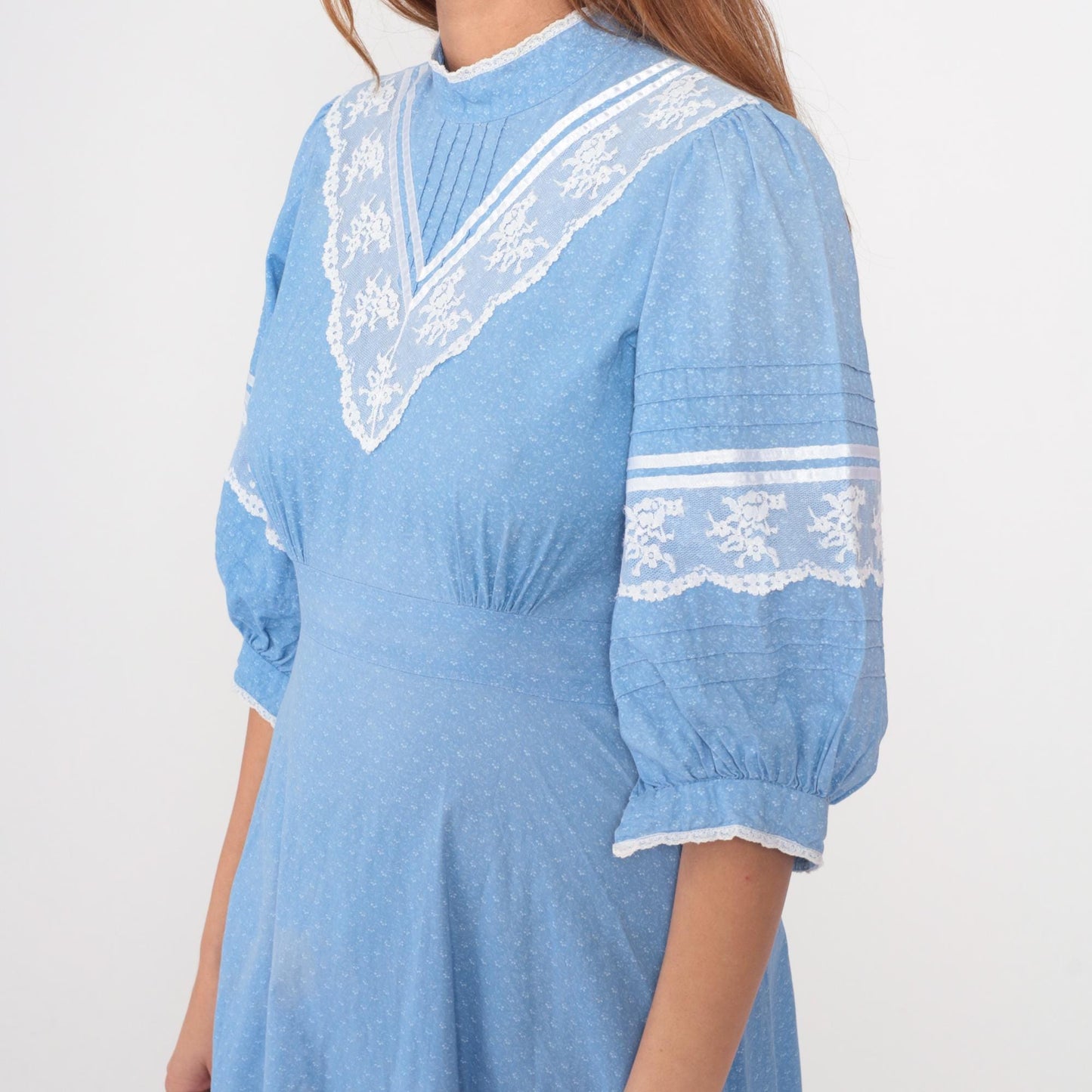 70s Light Blue Prairie Maxi Dress White Lace Trim Puff Sleeves Small