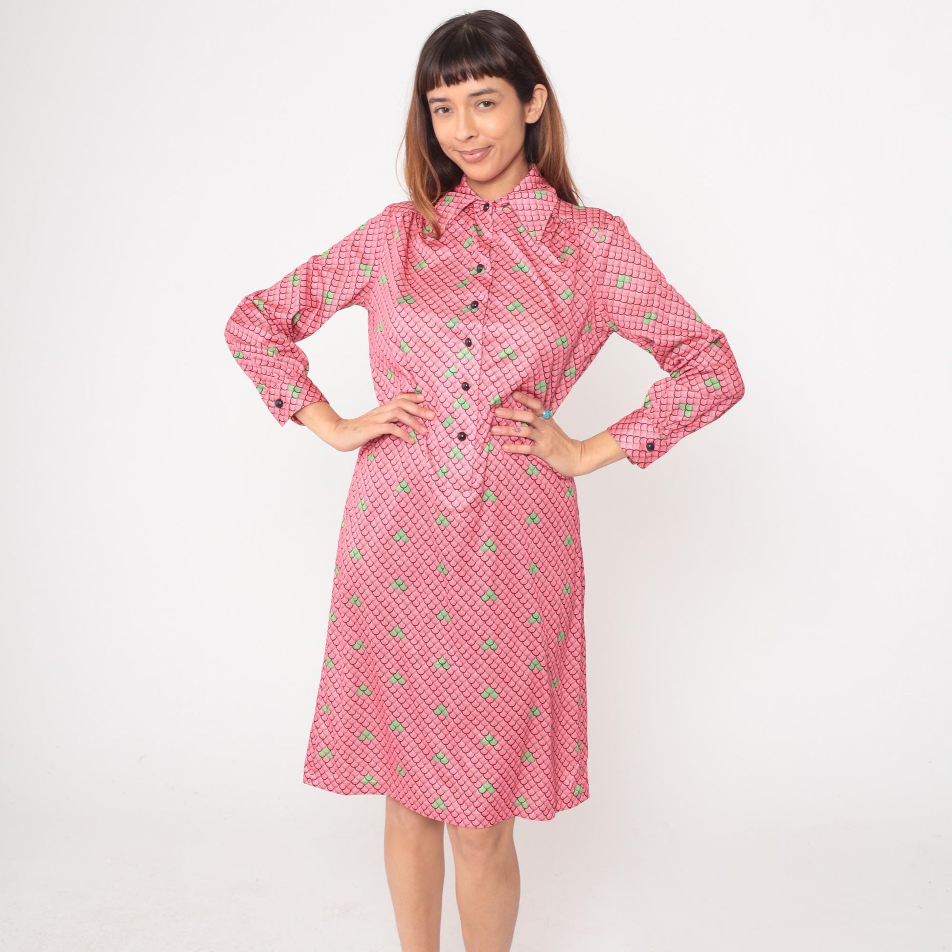70s Lee Morton Chicago Pink Scale Print Shirt Dress Knee Length Large L