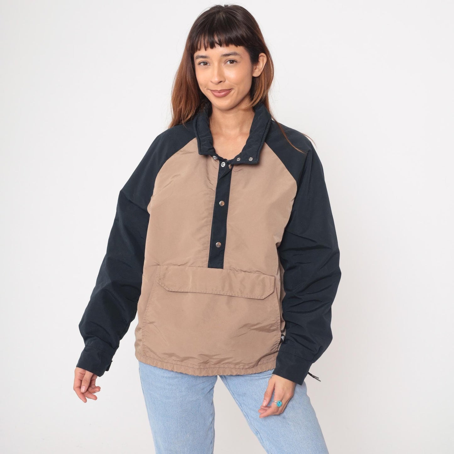 80s Jardi Colorblock Anorak Pullover Beige Navy Raglan Windbreaker Large