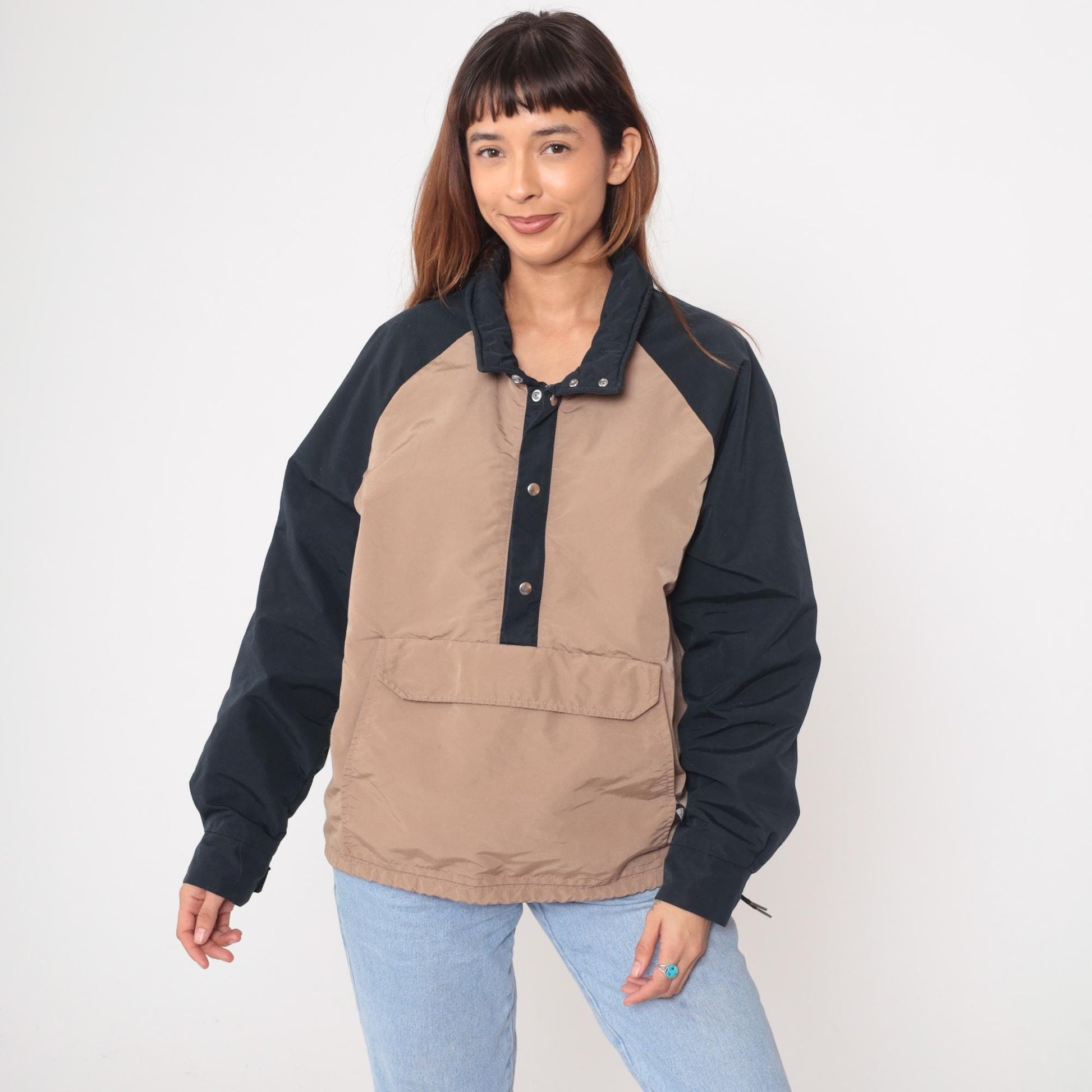 80s Jardi Colorblock Anorak Pullover Beige Navy Raglan Windbreaker Large