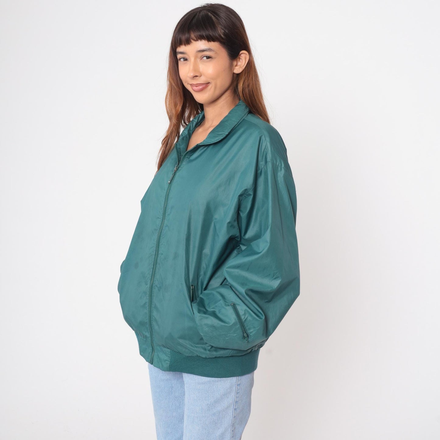 90s Izod Club Teal Windbreaker Jacket Nylon Zip Ribbed Collar Large L