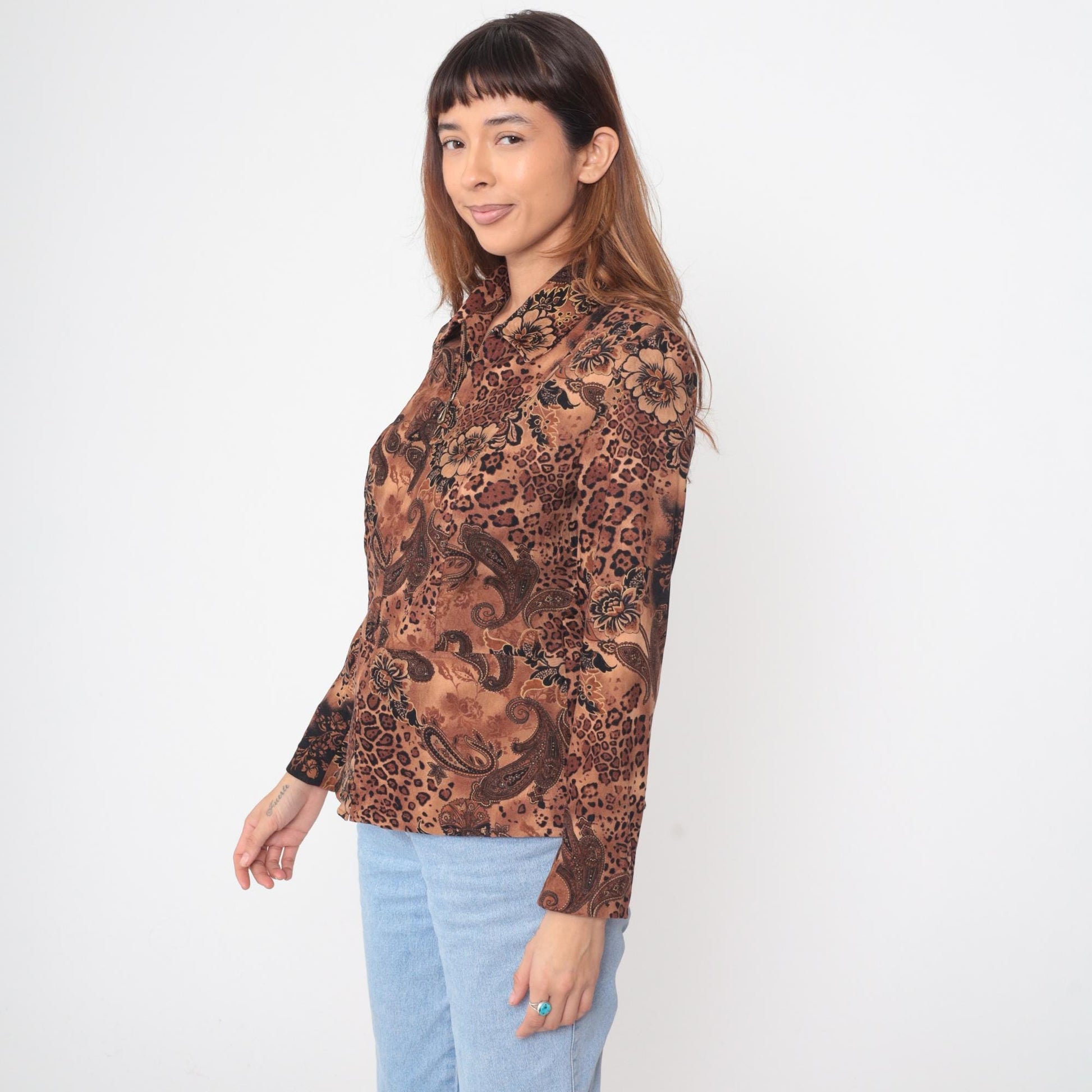 Y2K Brown Leopard Paisley Floral Zip Jacket Small S