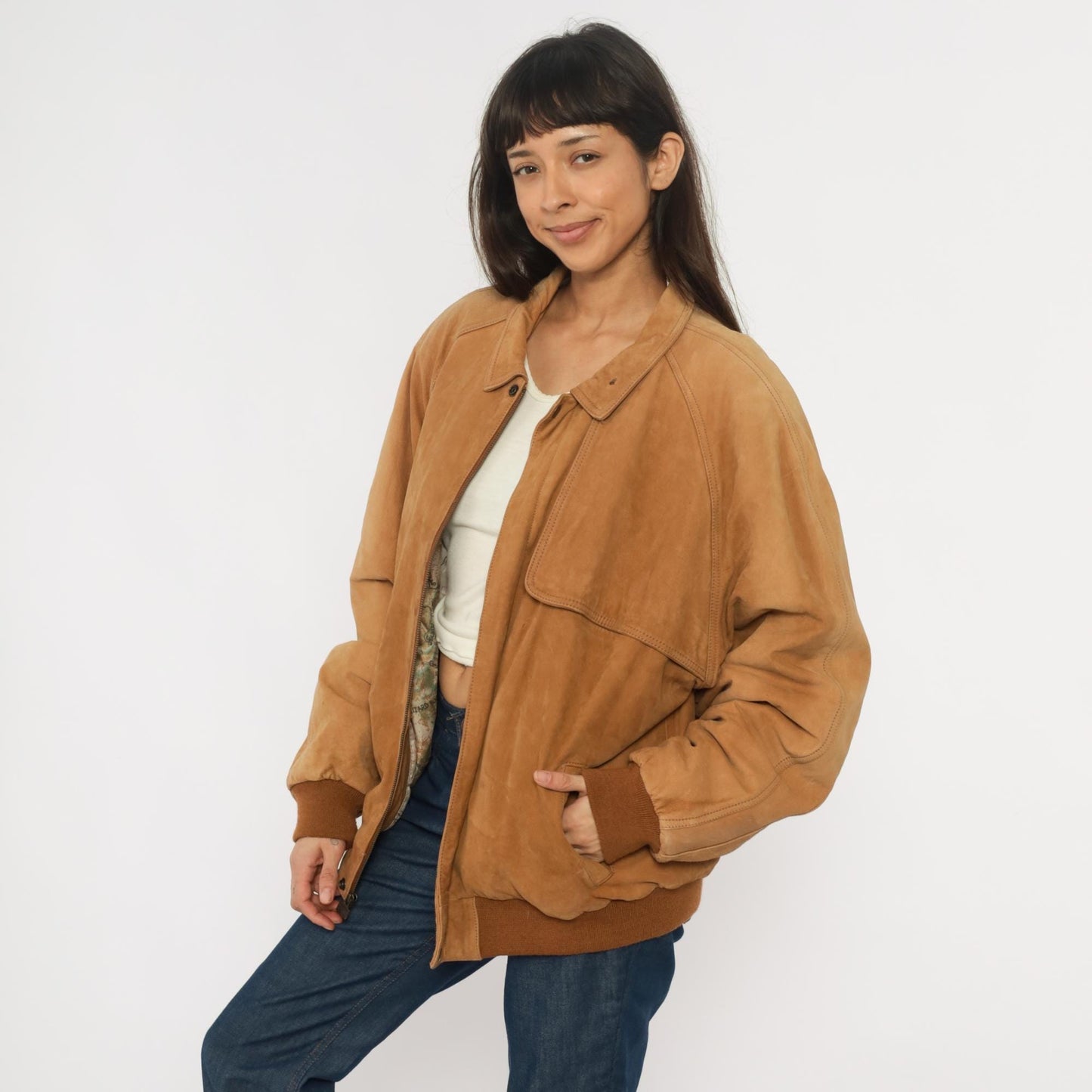 90s Marlboro Leather Bomber Jacket Tan Raglan Zip Front Map Lining Extra Large