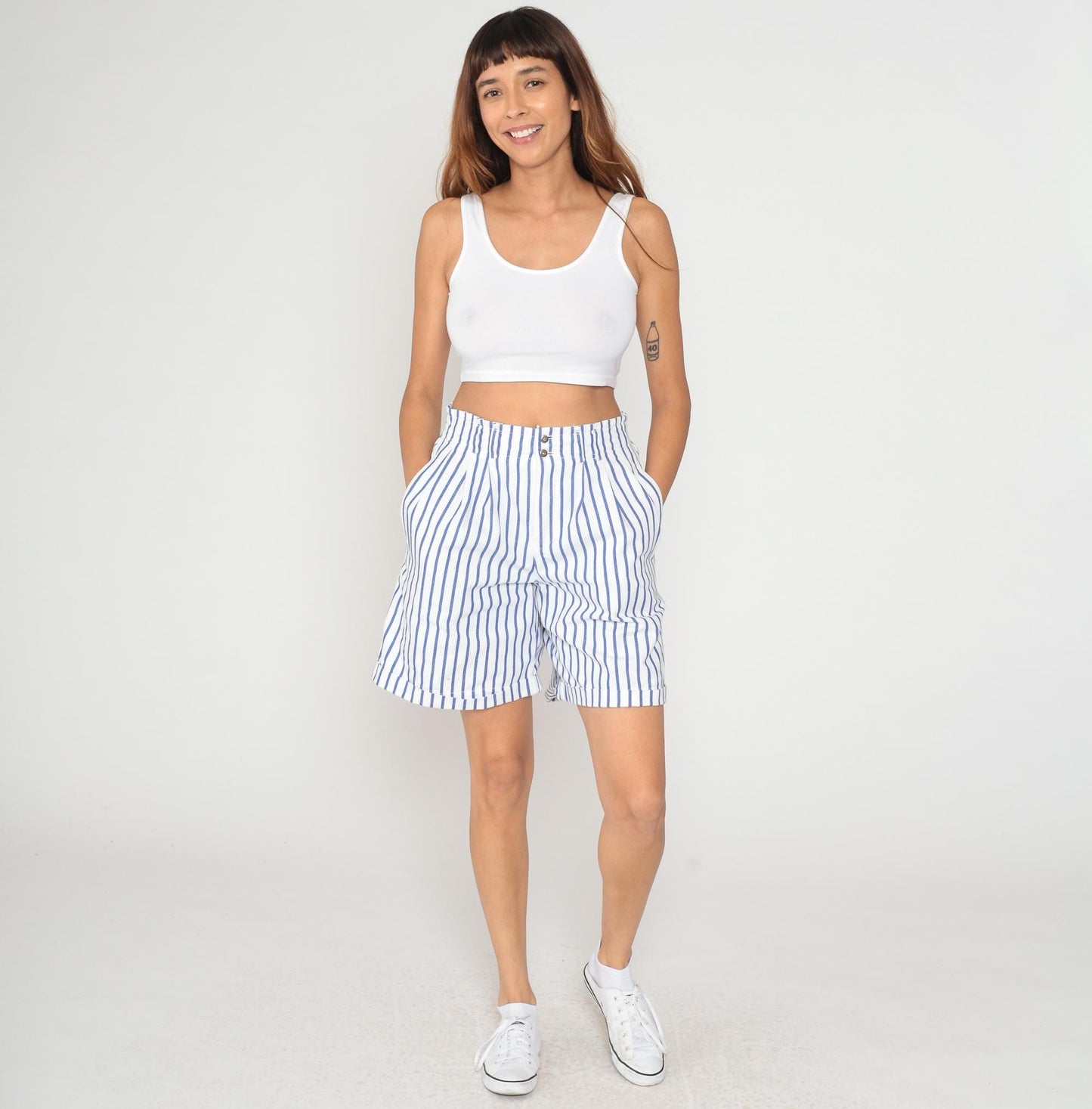90s Liz Sport High-Waisted Striped Shorts Blue White Cotton Small