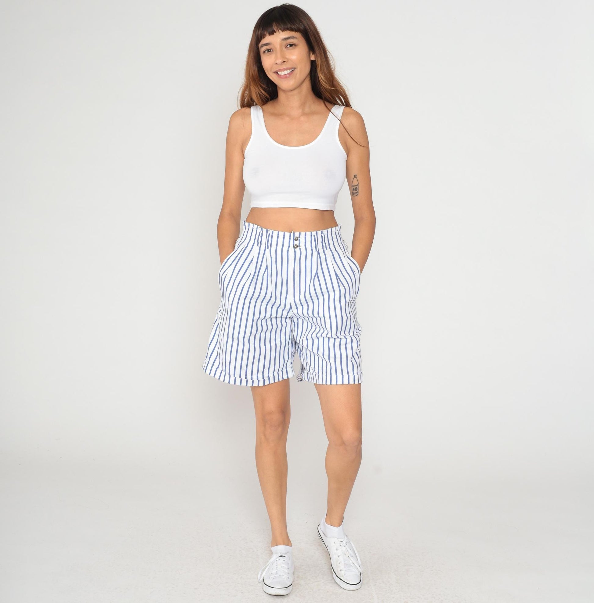 90s Liz Sport High-Waisted Striped Shorts Blue White Cotton Small
