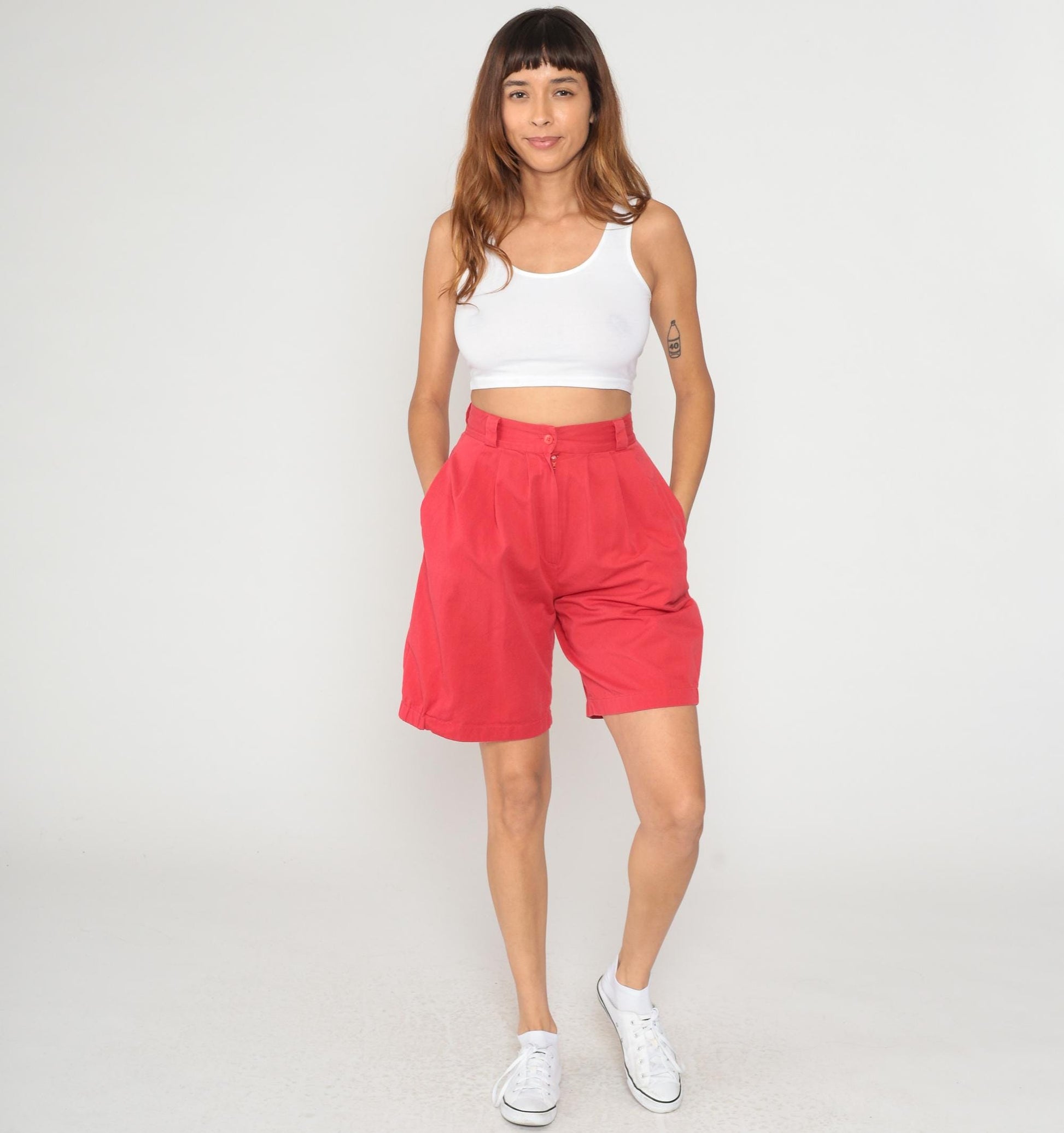 90s Bianca Nyqara Coral Red High-Waisted Pleated Shorts Small S