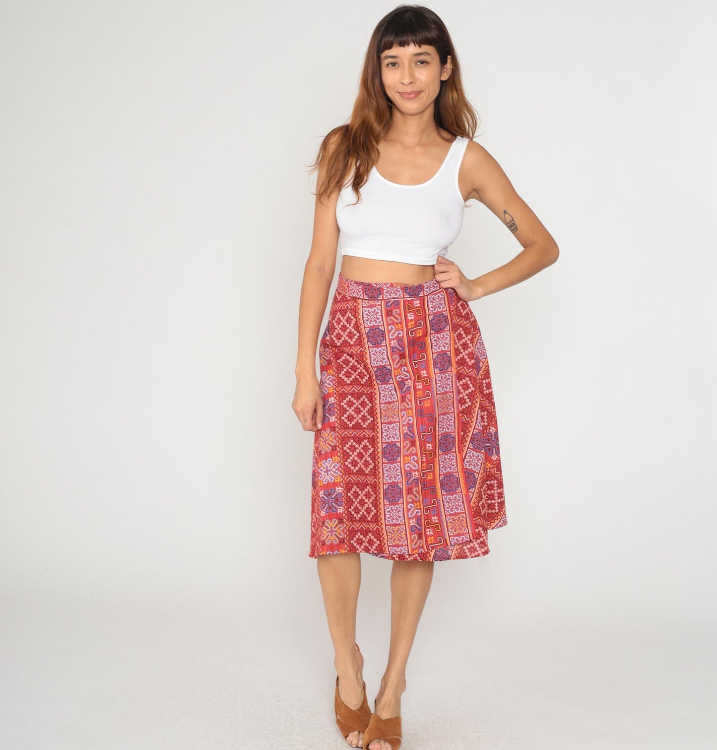 70s Paisley Wrap Skirt Coral Red Ethnic Geometric Print Knee Length Medium
