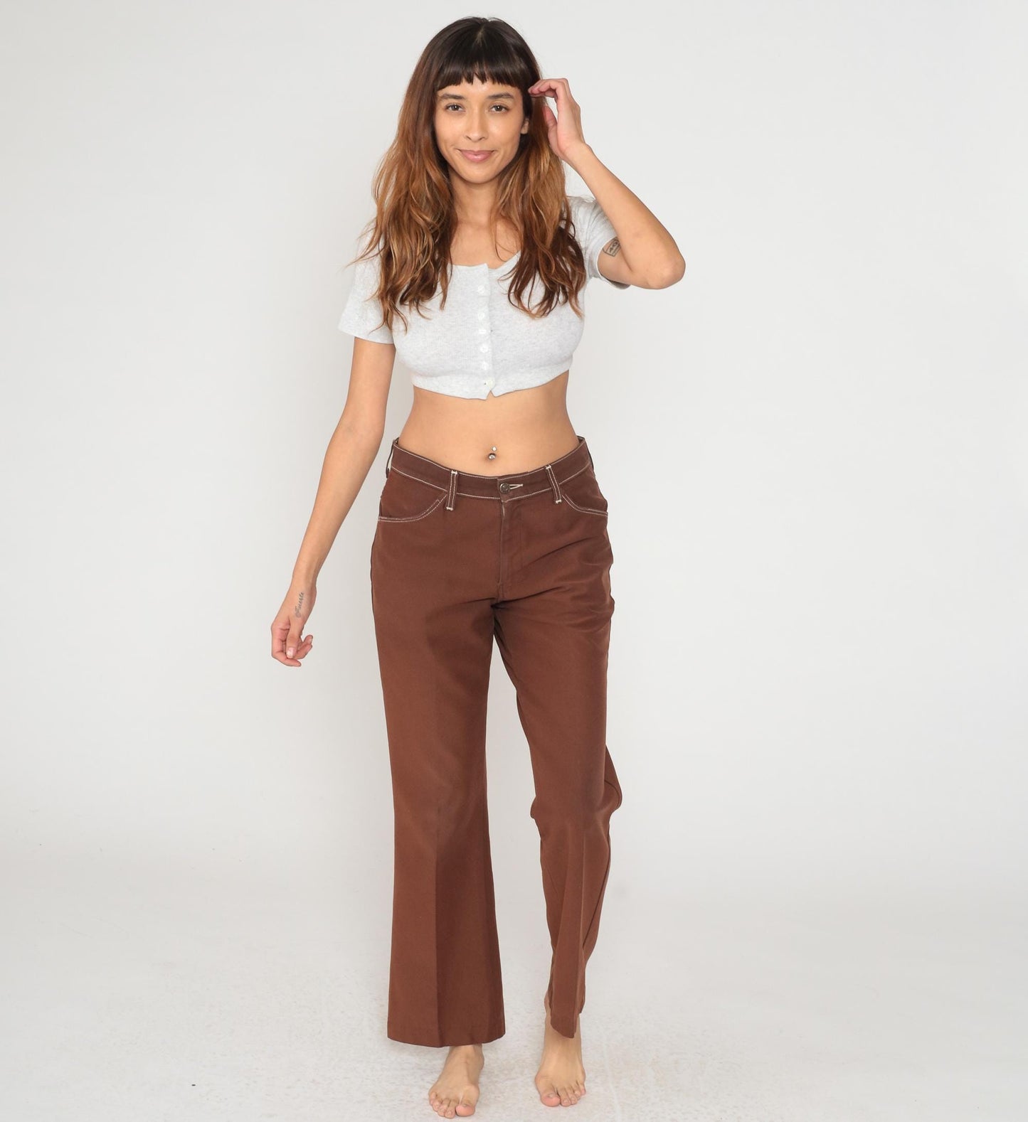 70s Farah Brown Flare Pants White Contrast Stitching Low Rise Medium