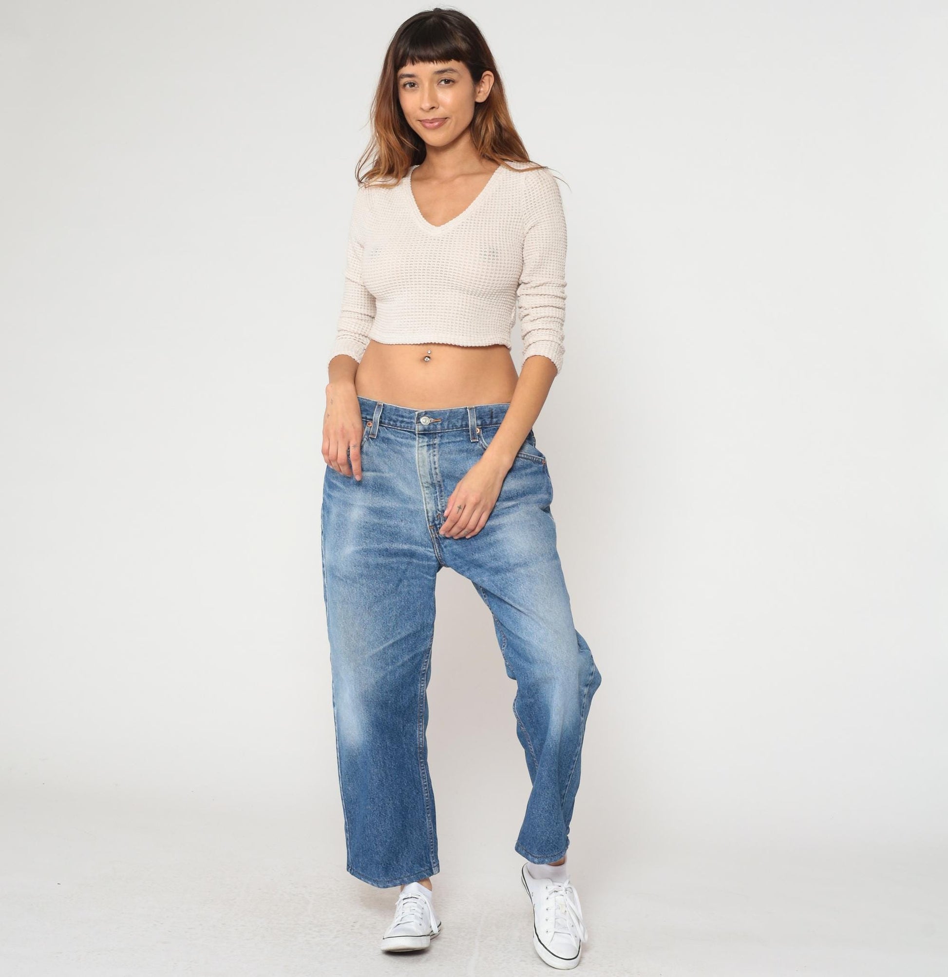 90s Levi's Wide Leg Cropped Jeans High Waisted Stone Wash Blue Denim Medium