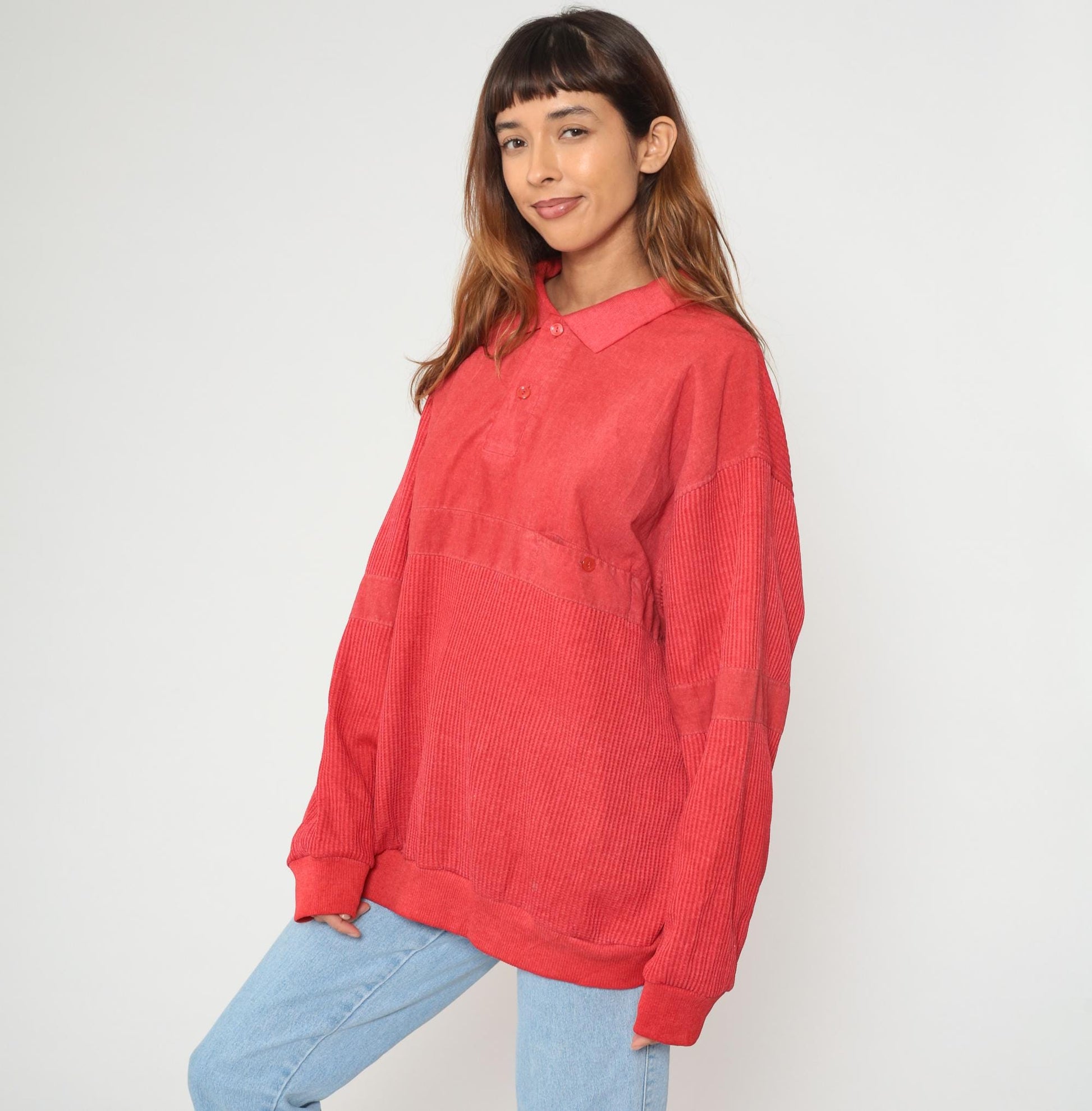 90s Knightsbridge Red Polo Sweatshirt Ribbed Knit XXL