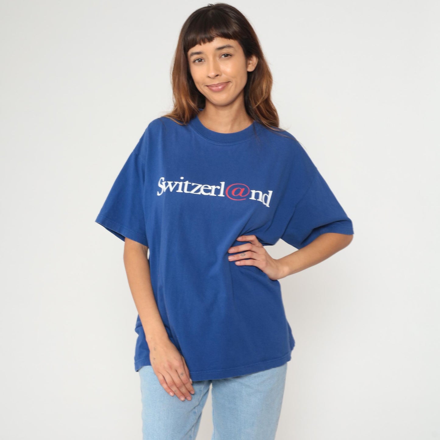 Y2K Switzerland Graphic Cotton T-Shirt Blue Crewneck Medium M