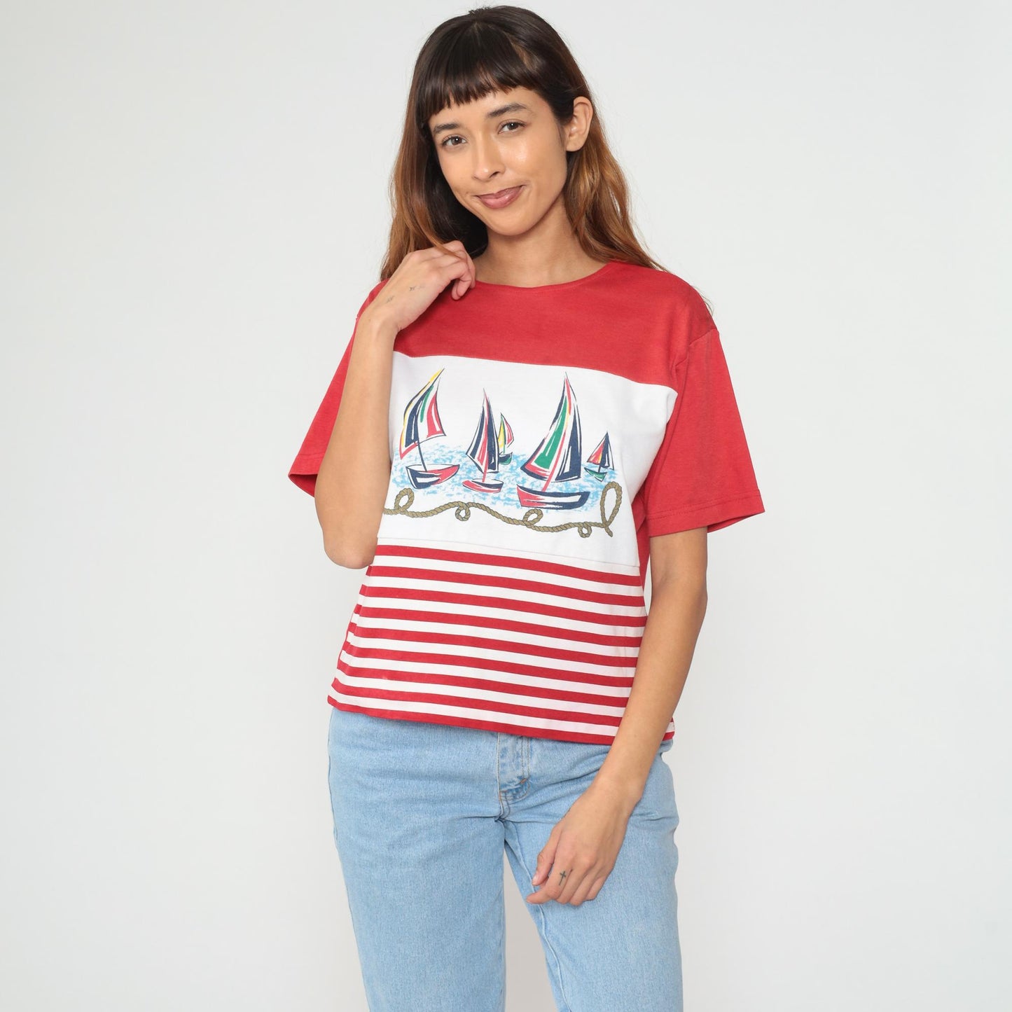 90s Sailboat Nautical Red White Striped Cotton Graphic Tee Large L