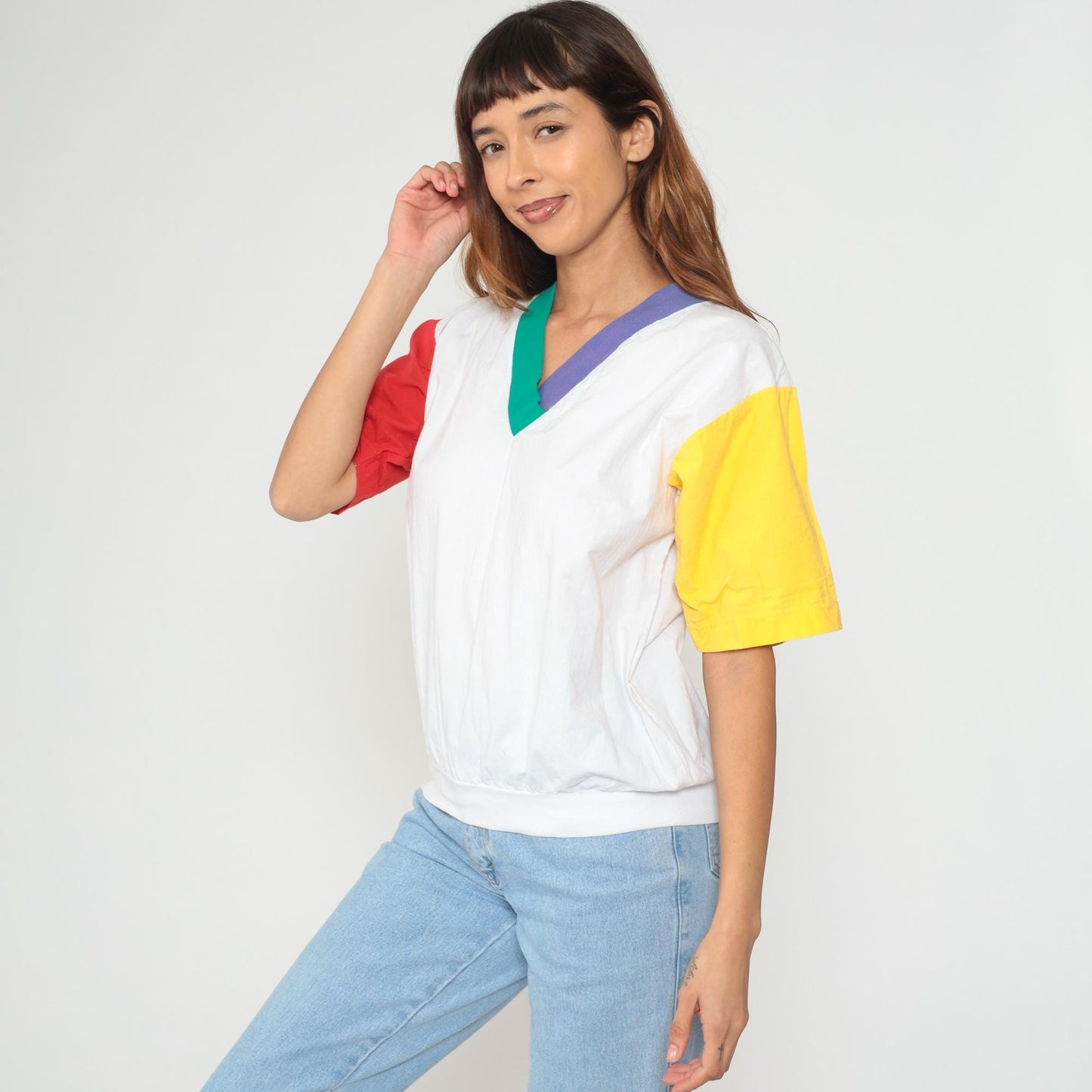 90s Colorblock Cotton V-Neck Shirt Yellow Red Purple Teal Medium M