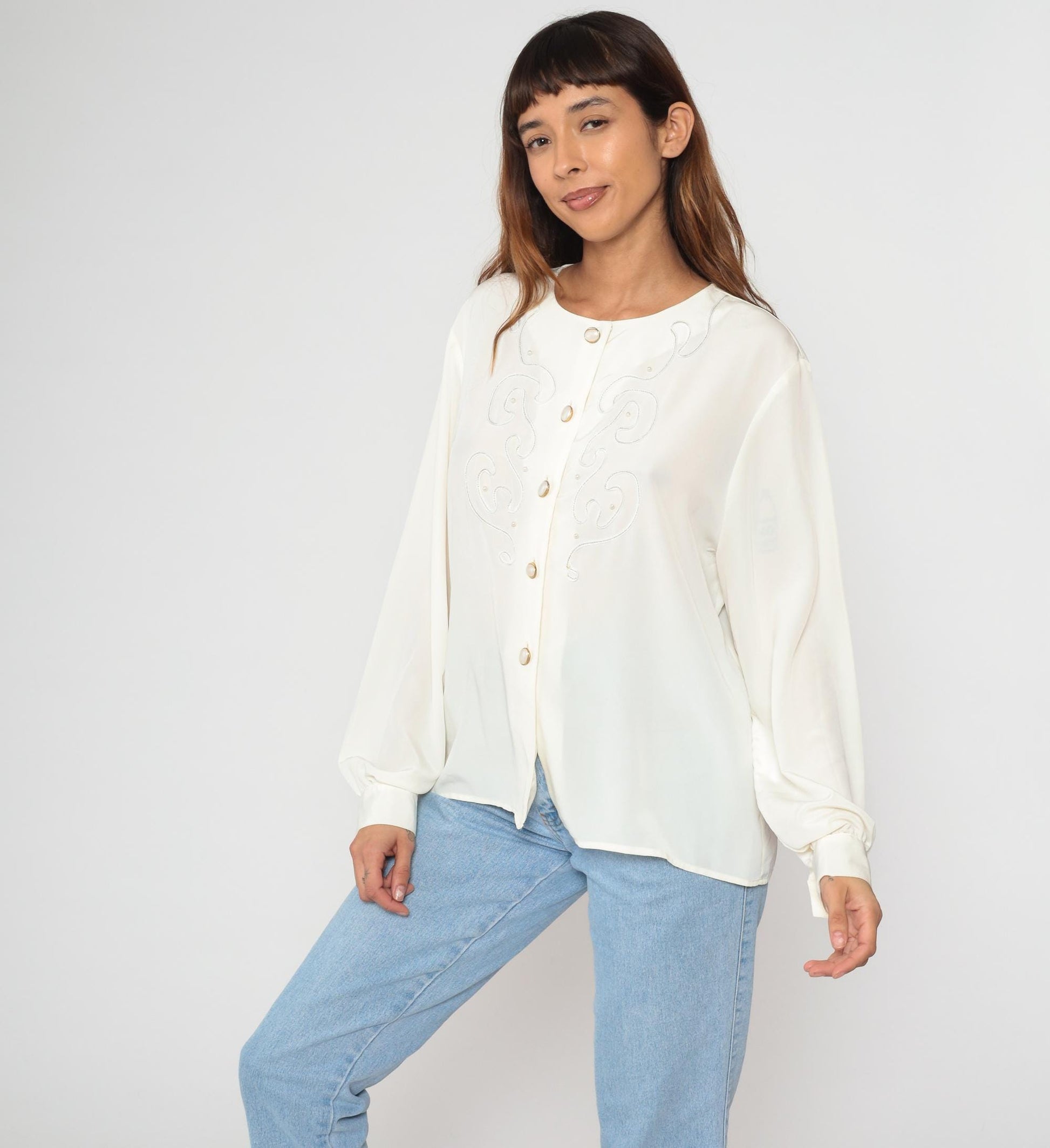 90s Worthington Cream Embroidered Blouse Long Sleeve Button Front Large L
