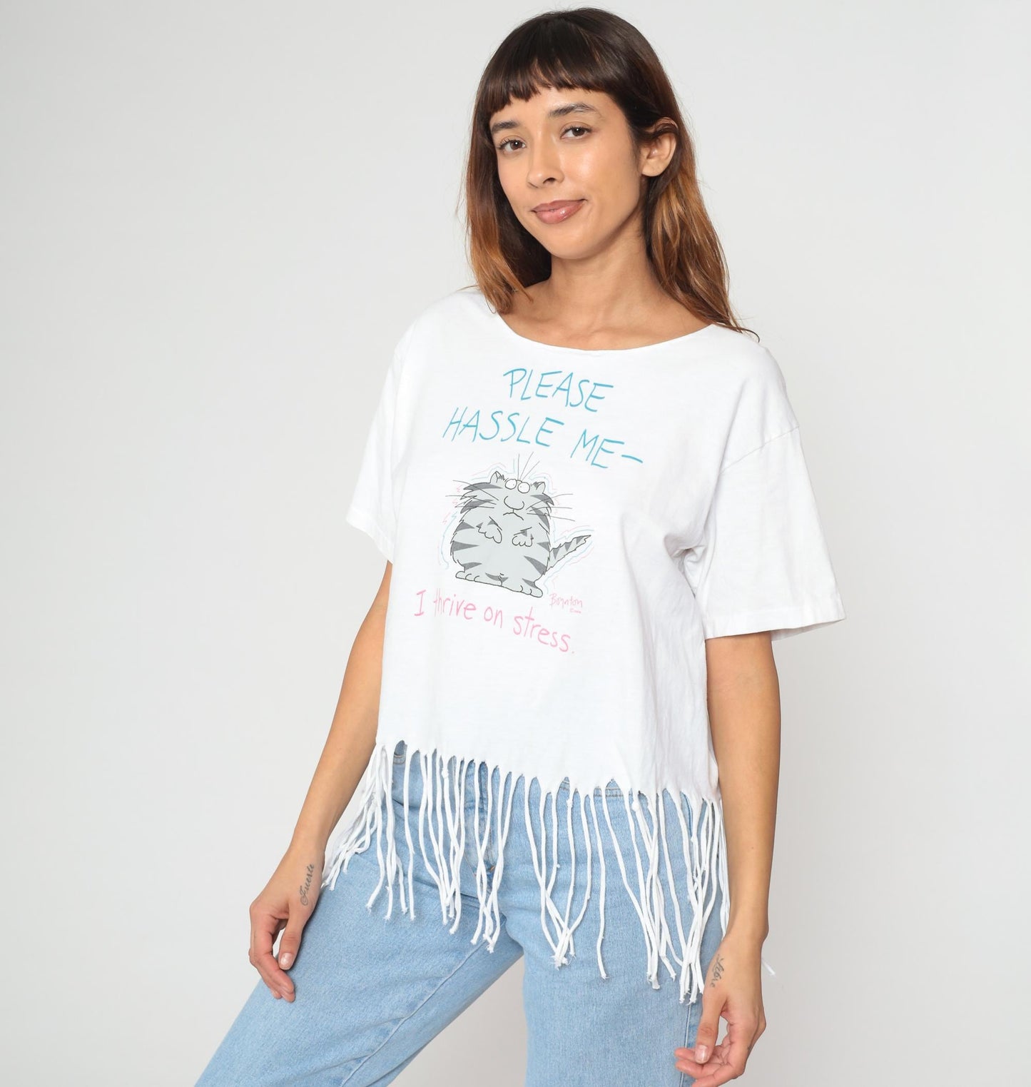 90s Cat Graphic T-Shirt White Fringe Hem Stress Slogan Tee Small