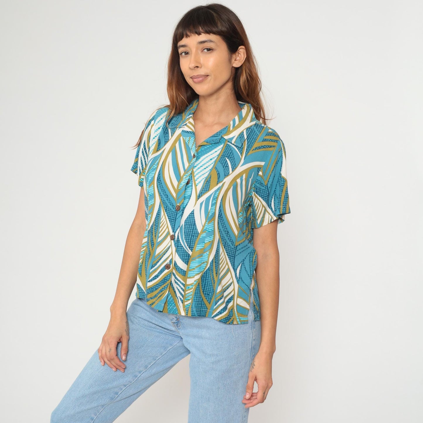 Y2K Hawaiian Shirt Aloha Hut Turquoise Palm Leaf Print Medium M
