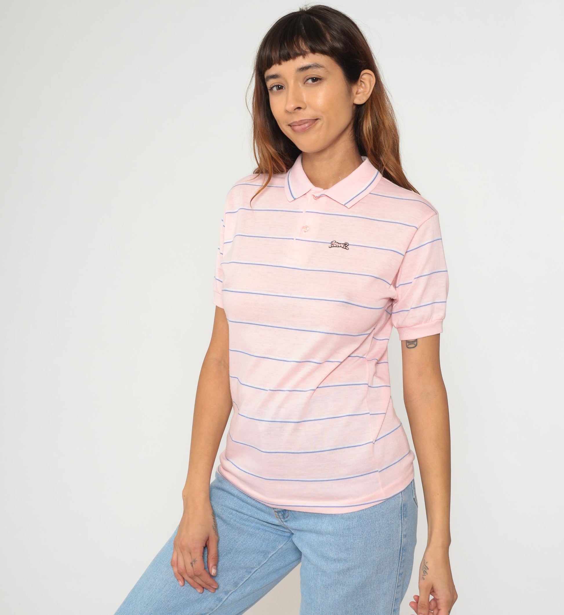 80s Le Tigre Polo Shirt Pink Blue Stripe Cotton Short Sleeve Small S