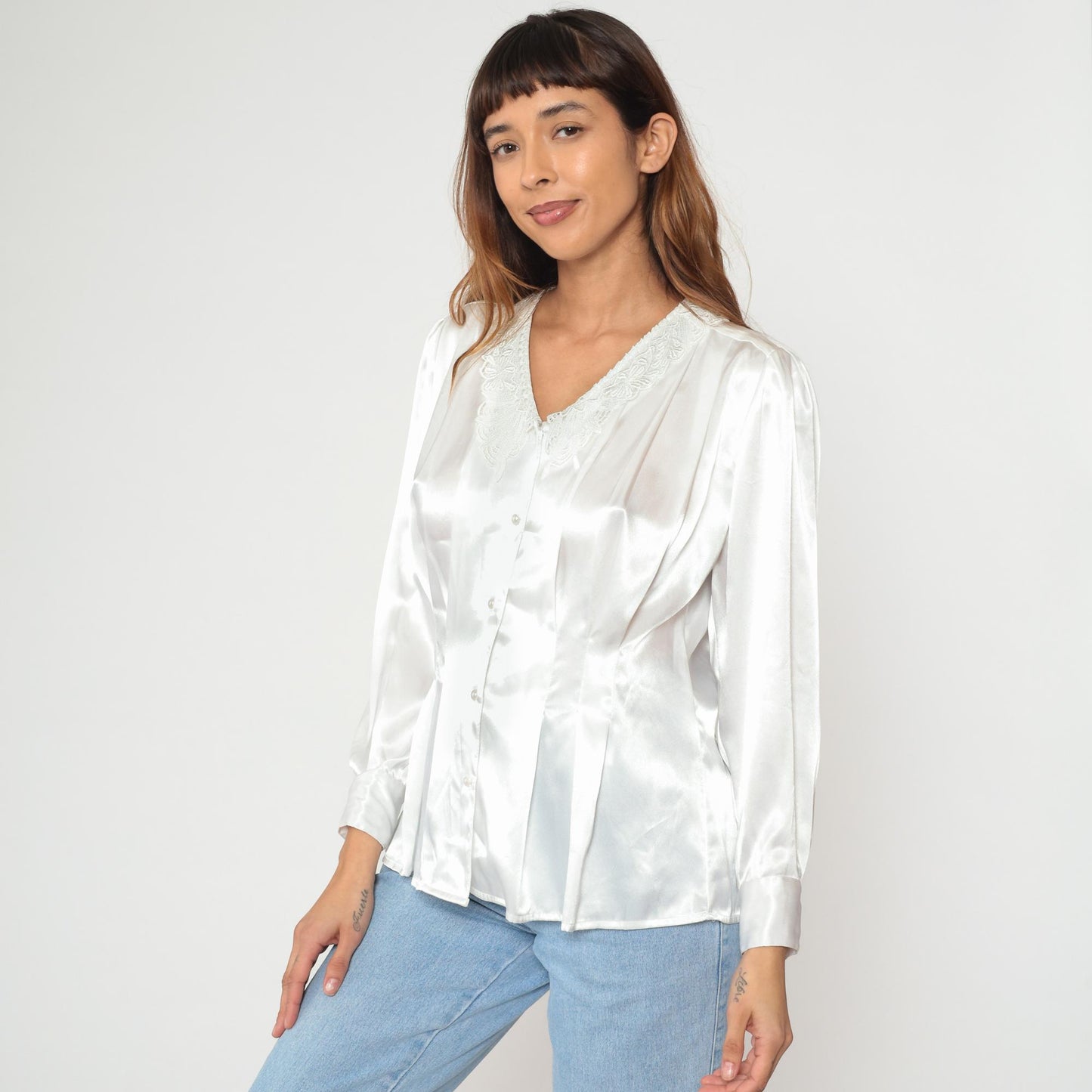 90s White Satin Blouse Lace Collar Puff Shoulders Pearl Buttons Small