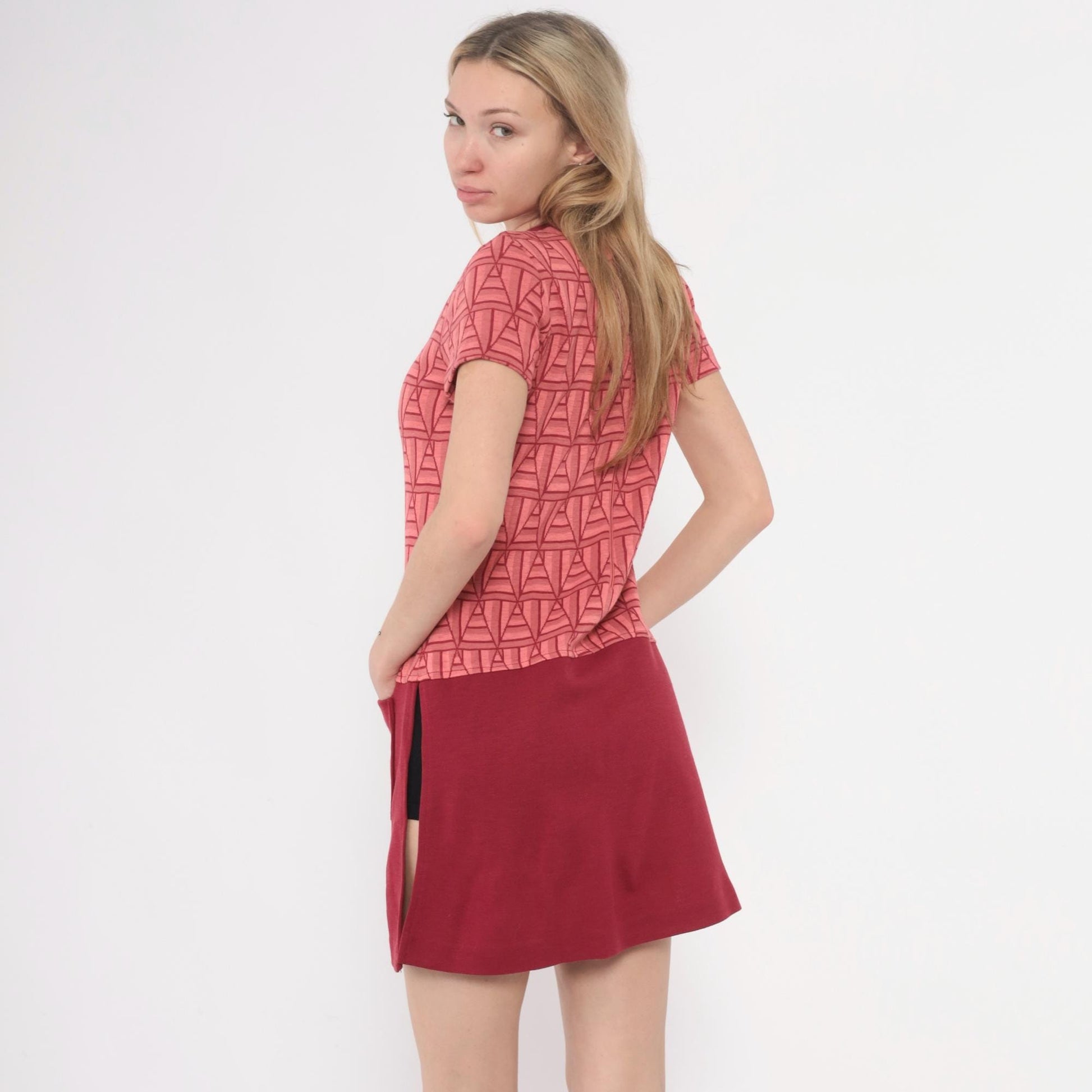 60s Coral Geometric Shift Dress Mini Knee-Length Mod Space Age Pink Extra Small XS