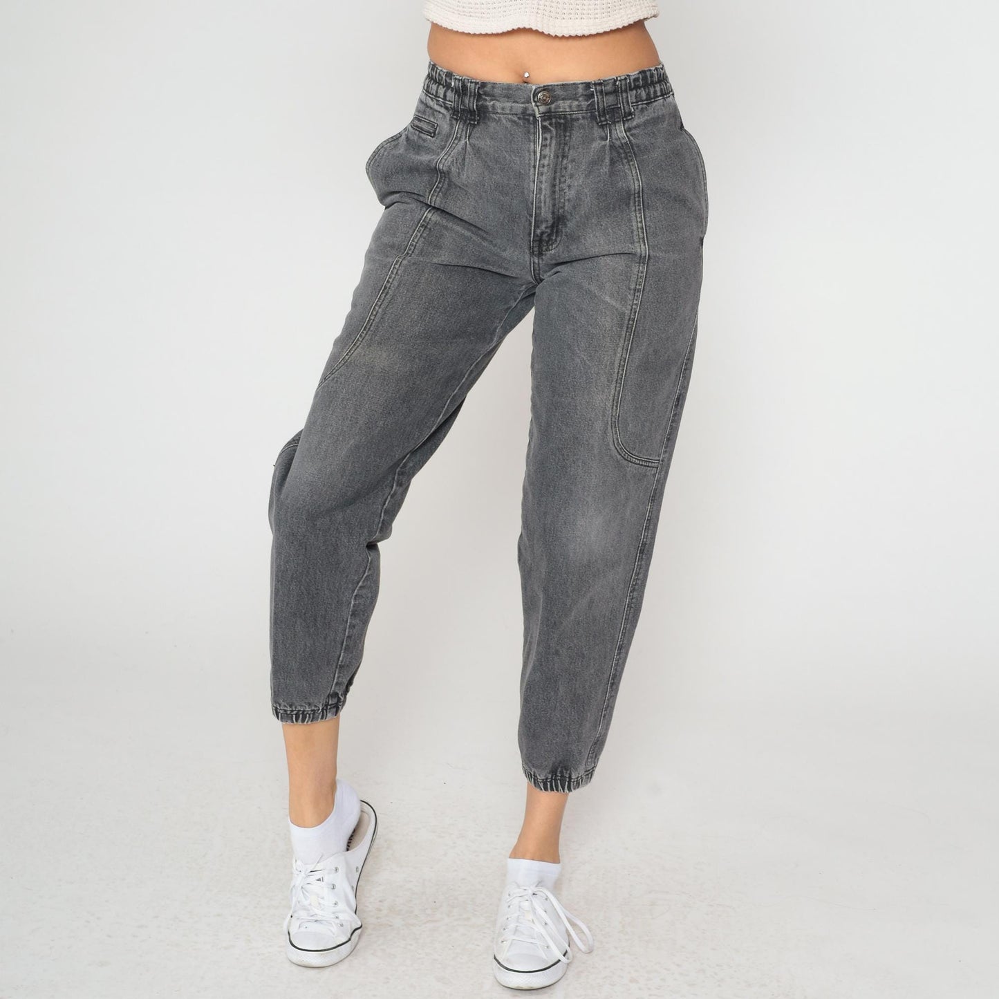 80s Apparatus Denim Joggers Gray Acid-Washed High-Waisted Tapered Ankle Cuff Medium