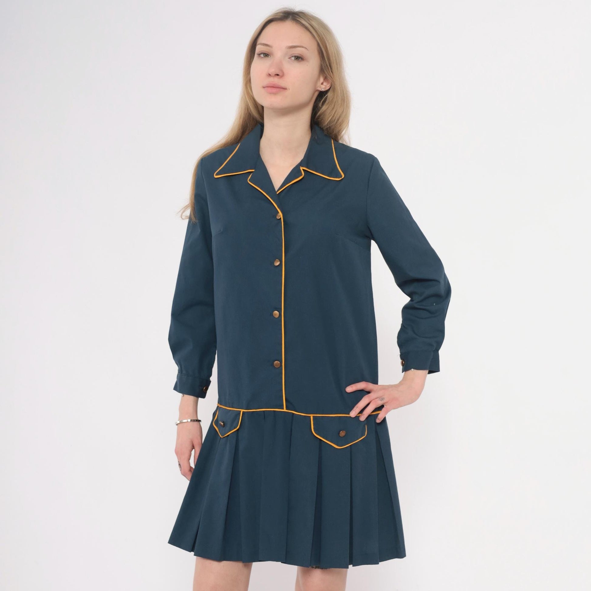 60s Navy Cotton Collared Drop Waist Dress Yellow Piping Pleated Small