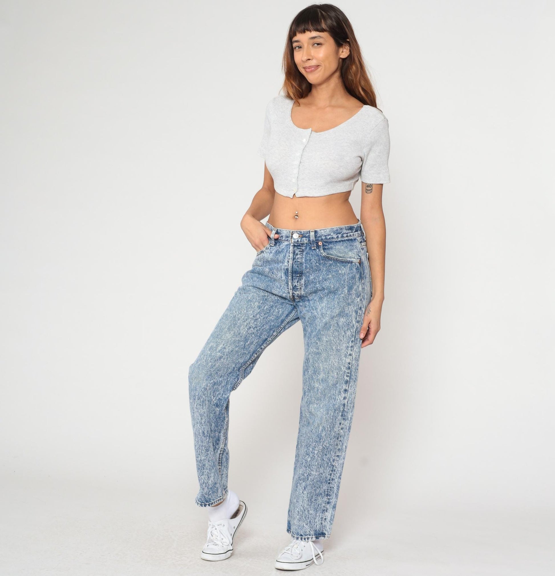 90s Levi's 501 Acid Wash Jeans High Waisted Straight Leg Light Blue Large