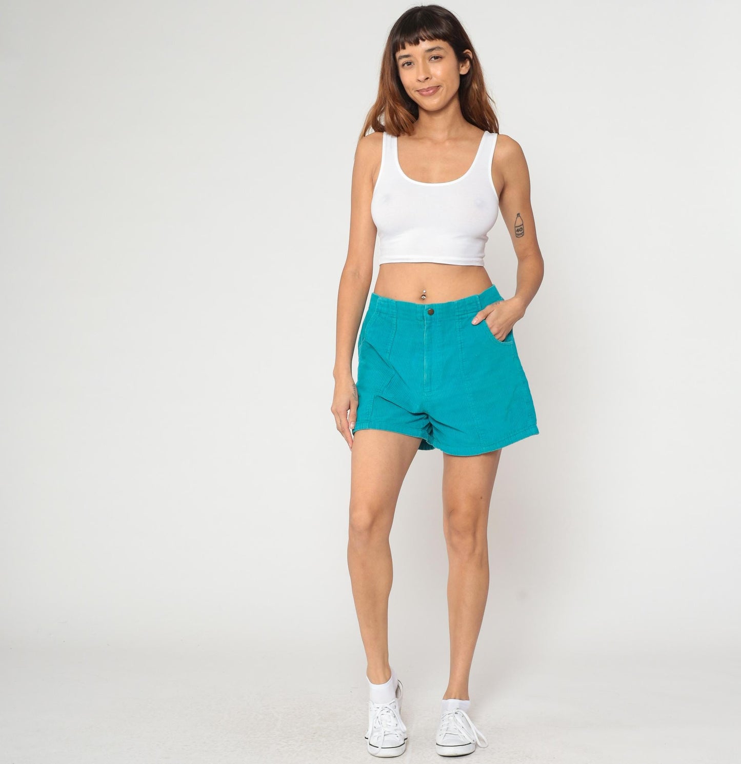 80s Turquoise Corduroy Shorts High Waisted Mini Elastic Waist Large