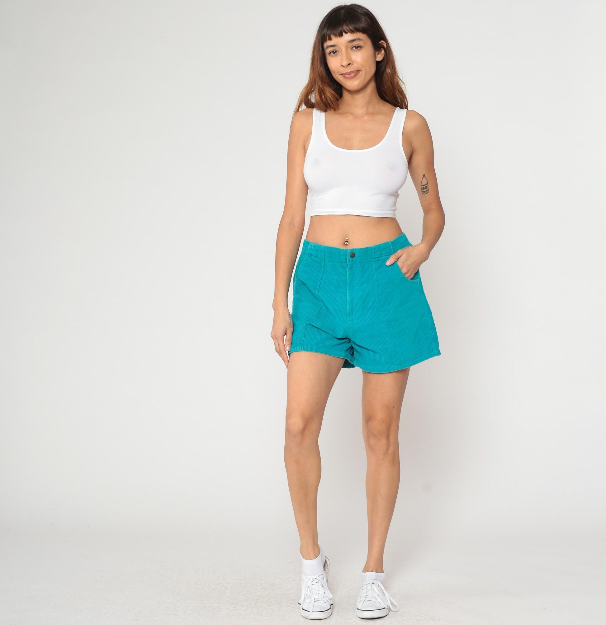 80s Turquoise Corduroy Shorts High Waisted Mini Elastic Waist Large