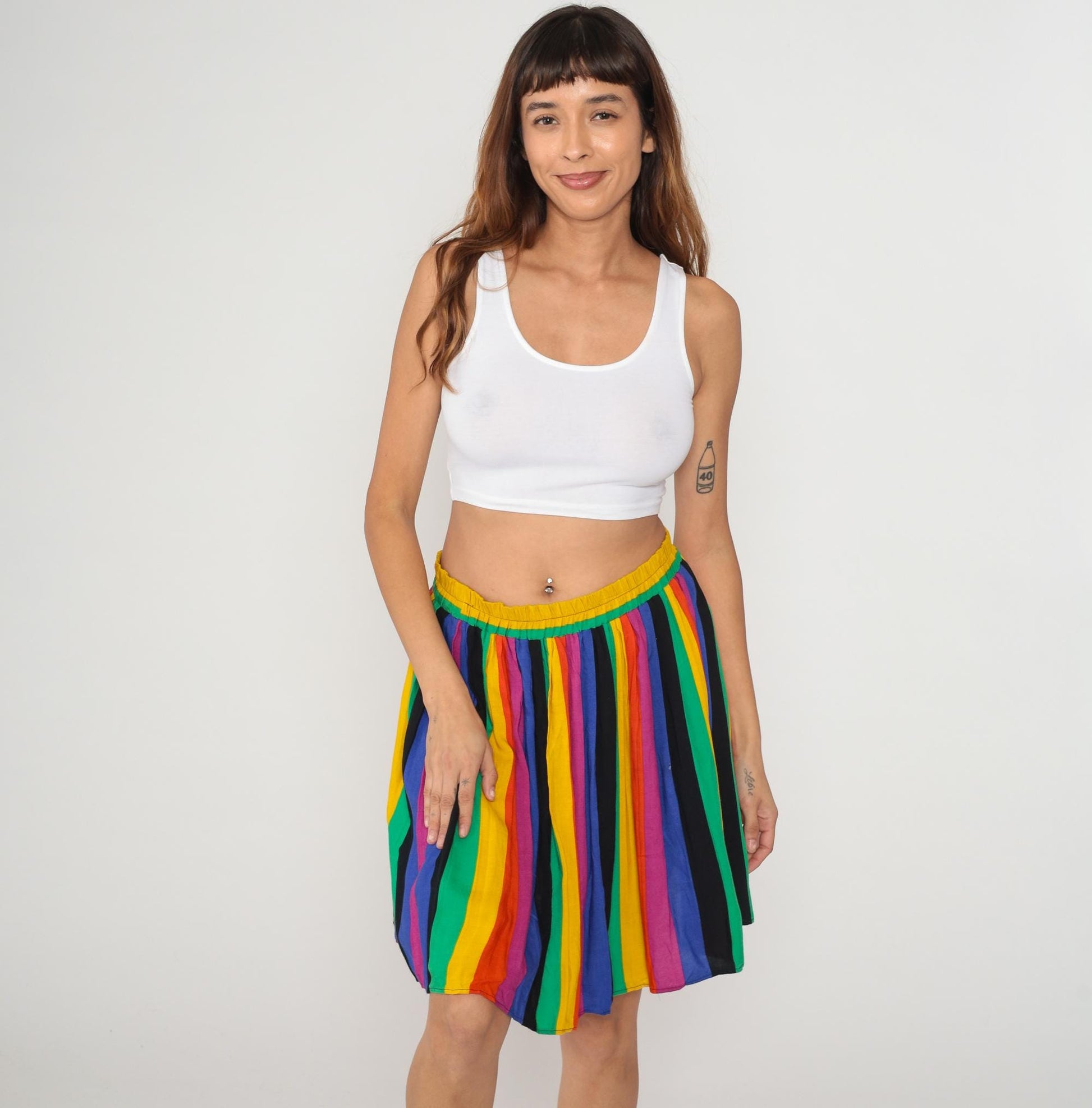 80s Rainbow Stripe Mini Skirt High Waisted Pleated Yellow Green Blue Red Medium M