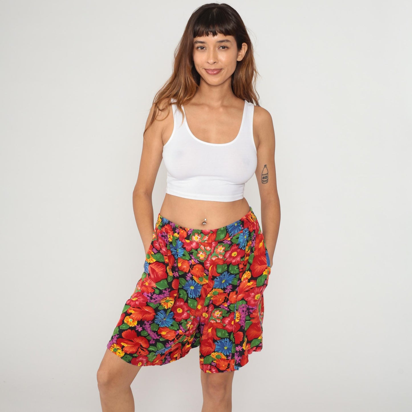 90s Tropical Floral Shorts Plus Size Hibiscus Print Black Rayon XXL