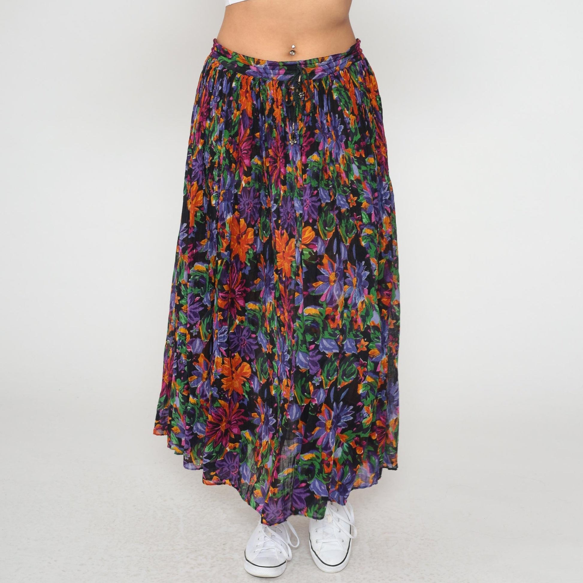 90s Short Circuit Floral Maxi Skirt Gauze Tiered Elastic Waist Medium Large