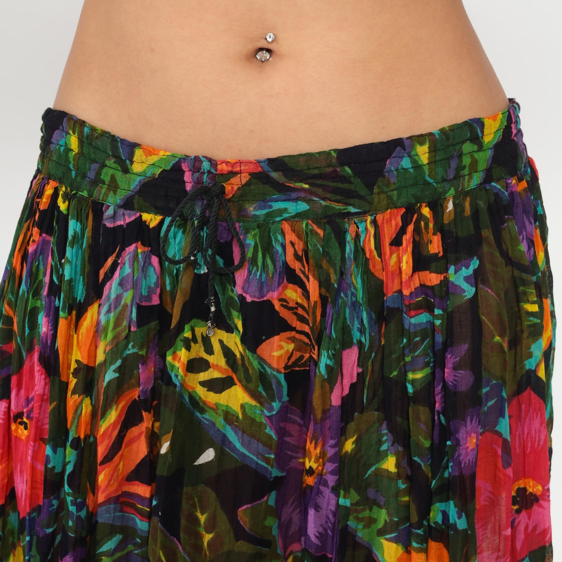 90s Tropical Floral Midi Skirt Black Pink Purple Orange Rayon Gathered Waist Medium