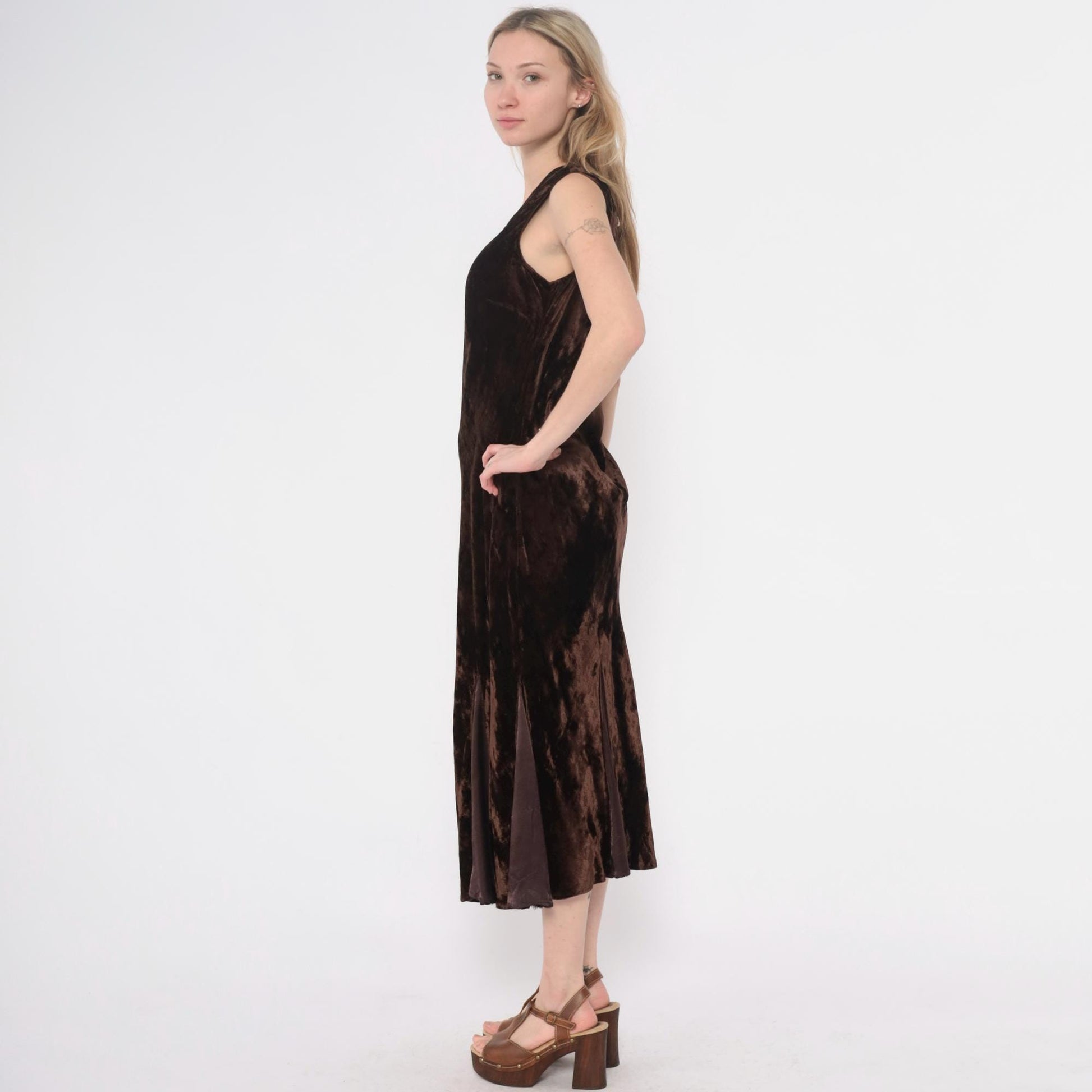 90s April Cornell Velvet Maxi Dress Brown V-Neck Sleeveless Small S