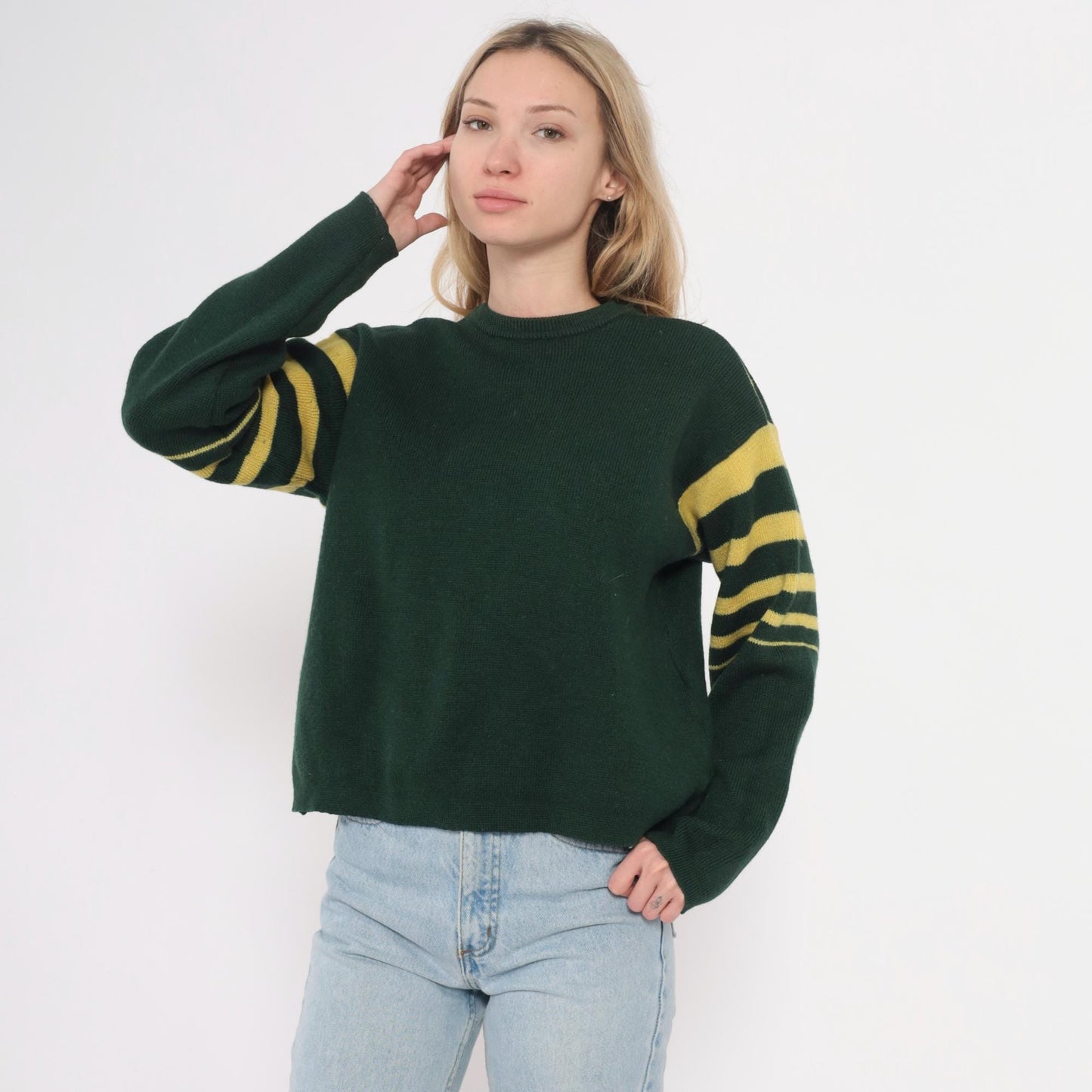 70s Norvyk by Renoir Wool Sweater Forest Green Striped Sleeves Large