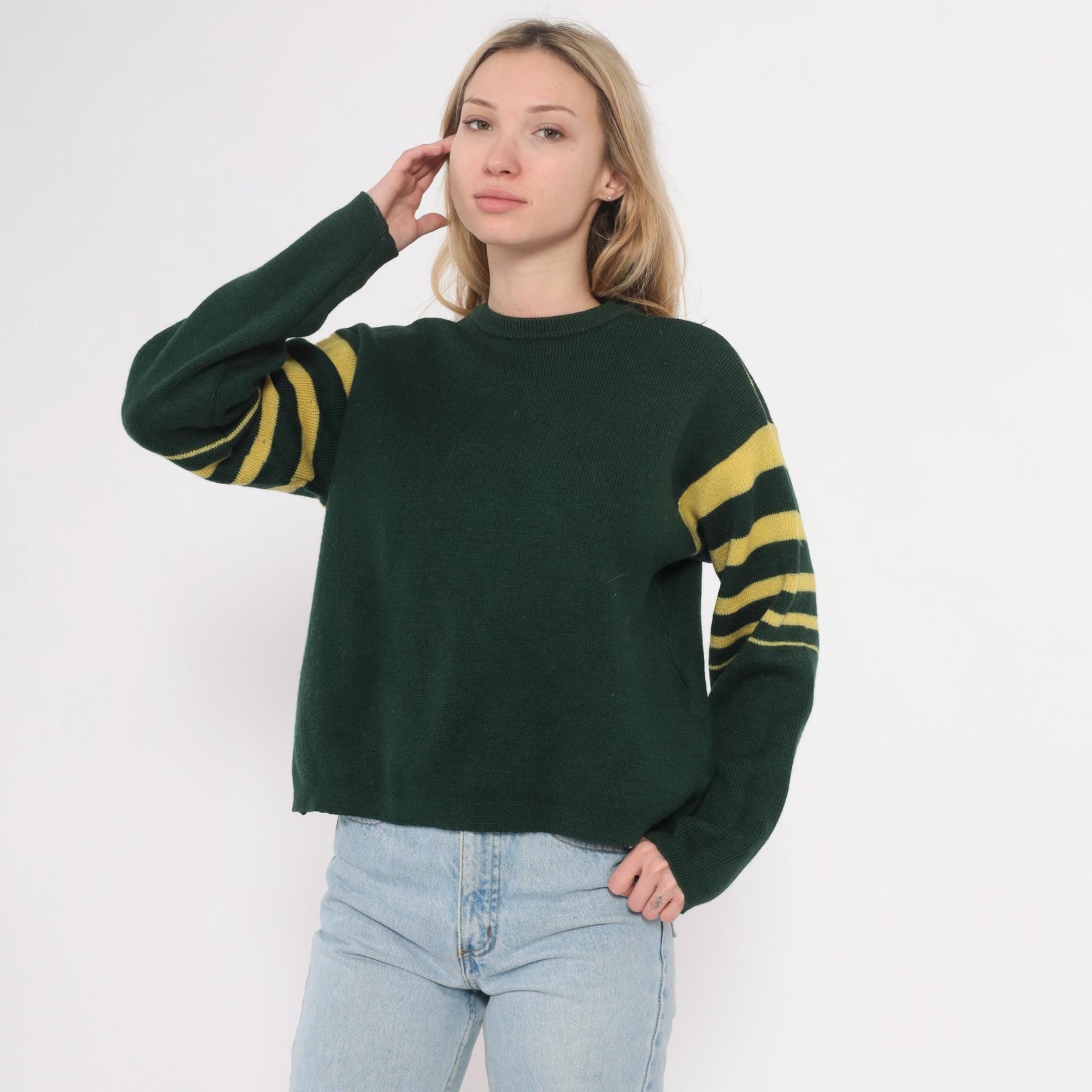 70s Norvyk by Renoir Wool Sweater Forest Green Striped Sleeves Large