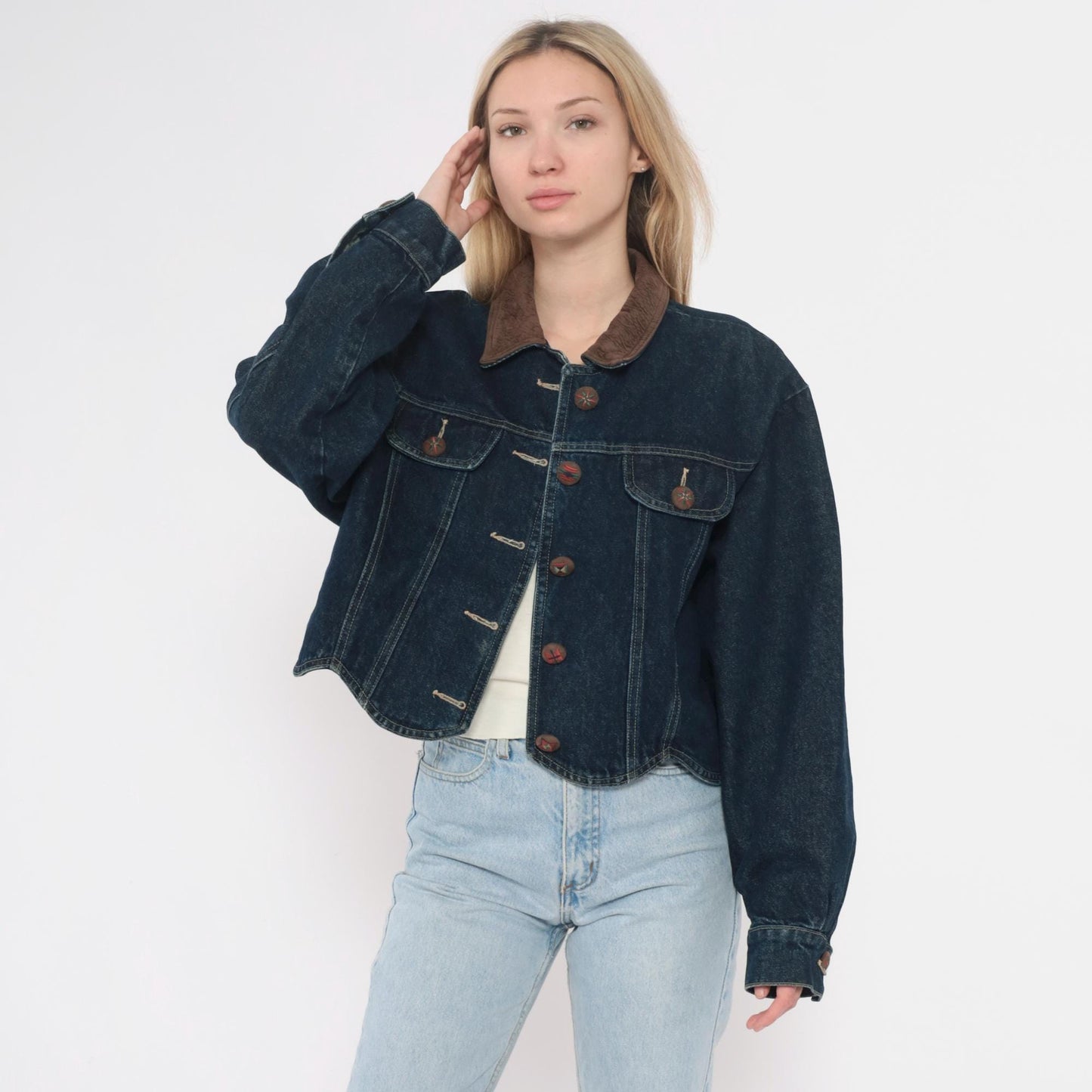 90s Coldwater Creek Cropped Denim Jacket Scalloped Hem Dark Wash Large L