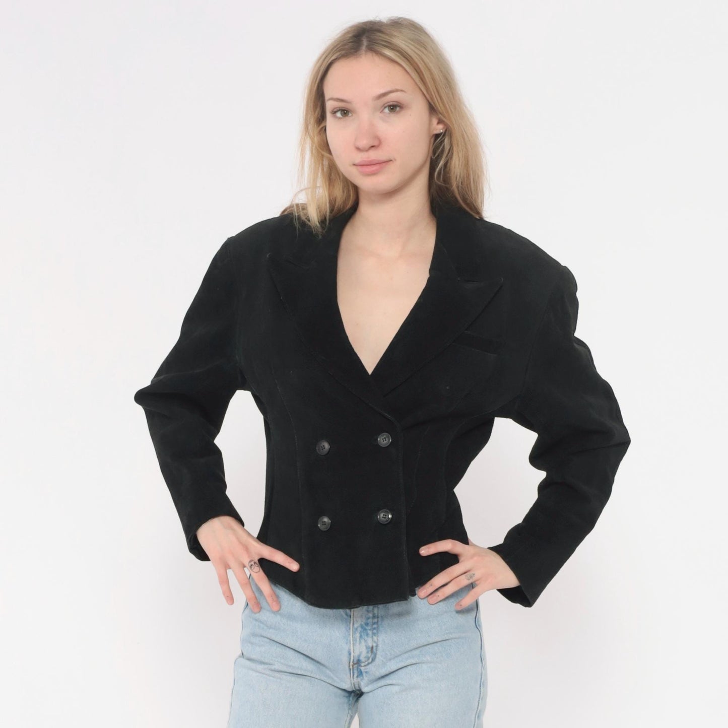 90s Winlit Black Leather Double Breasted Cropped Blazer Notched Lapel Small S