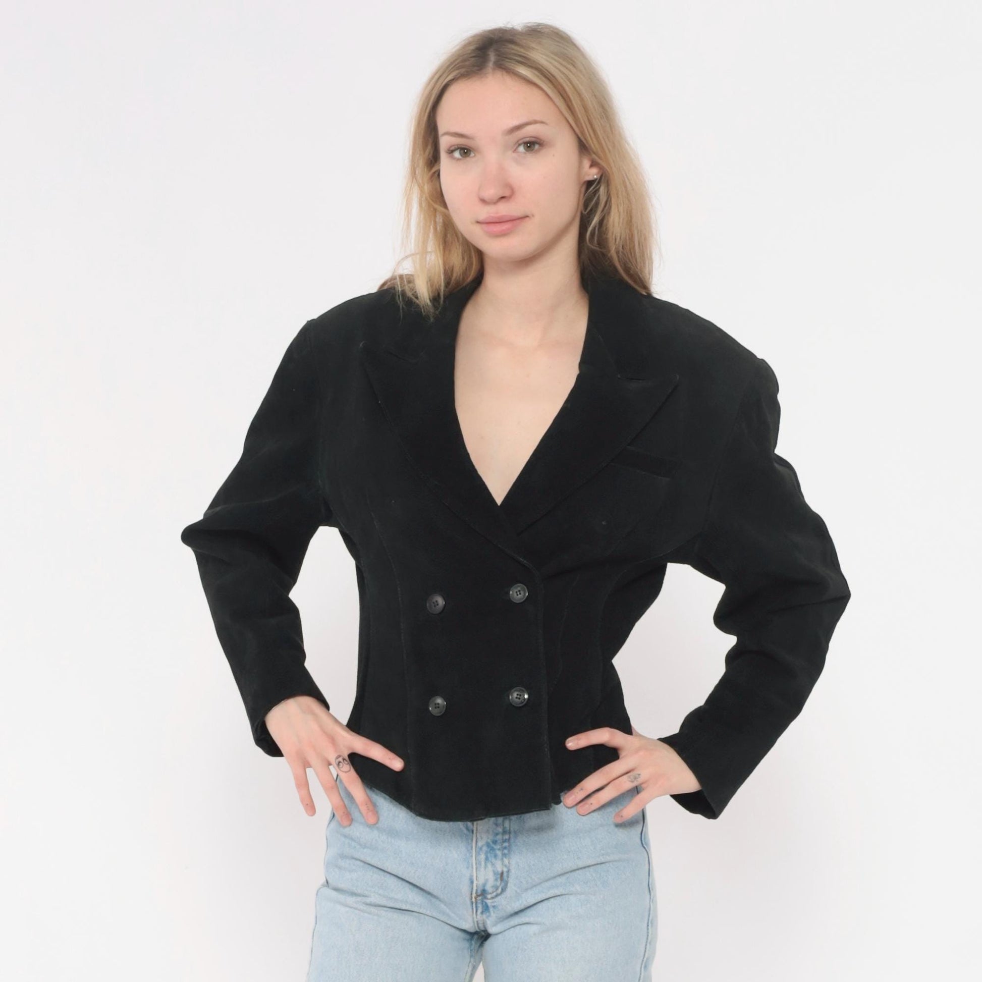 90s Winlit Black Leather Double Breasted Cropped Blazer Notched Lapel Small S