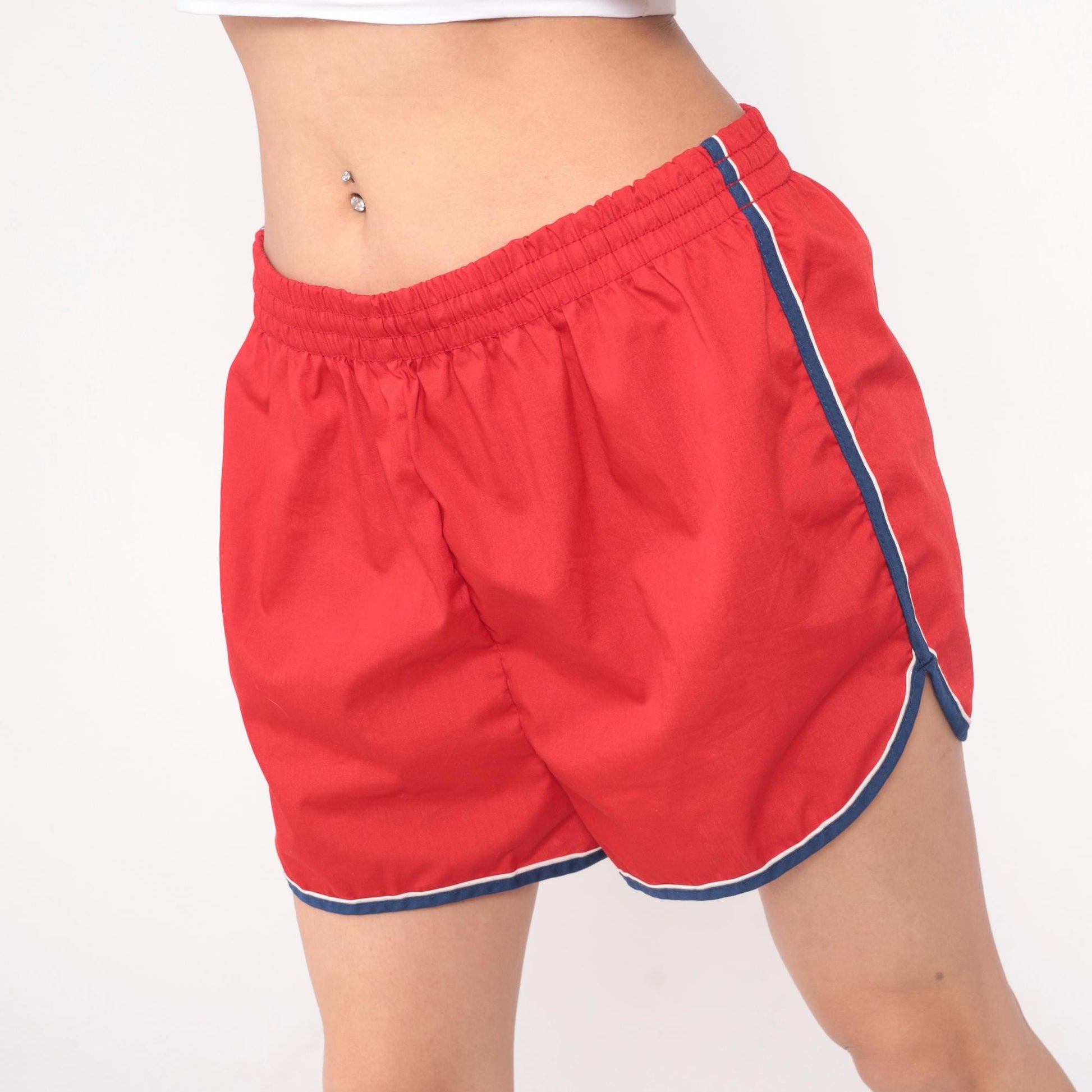 80s Red Jogging Shorts Navy Striped Trim Elastic Waistband Extra Large