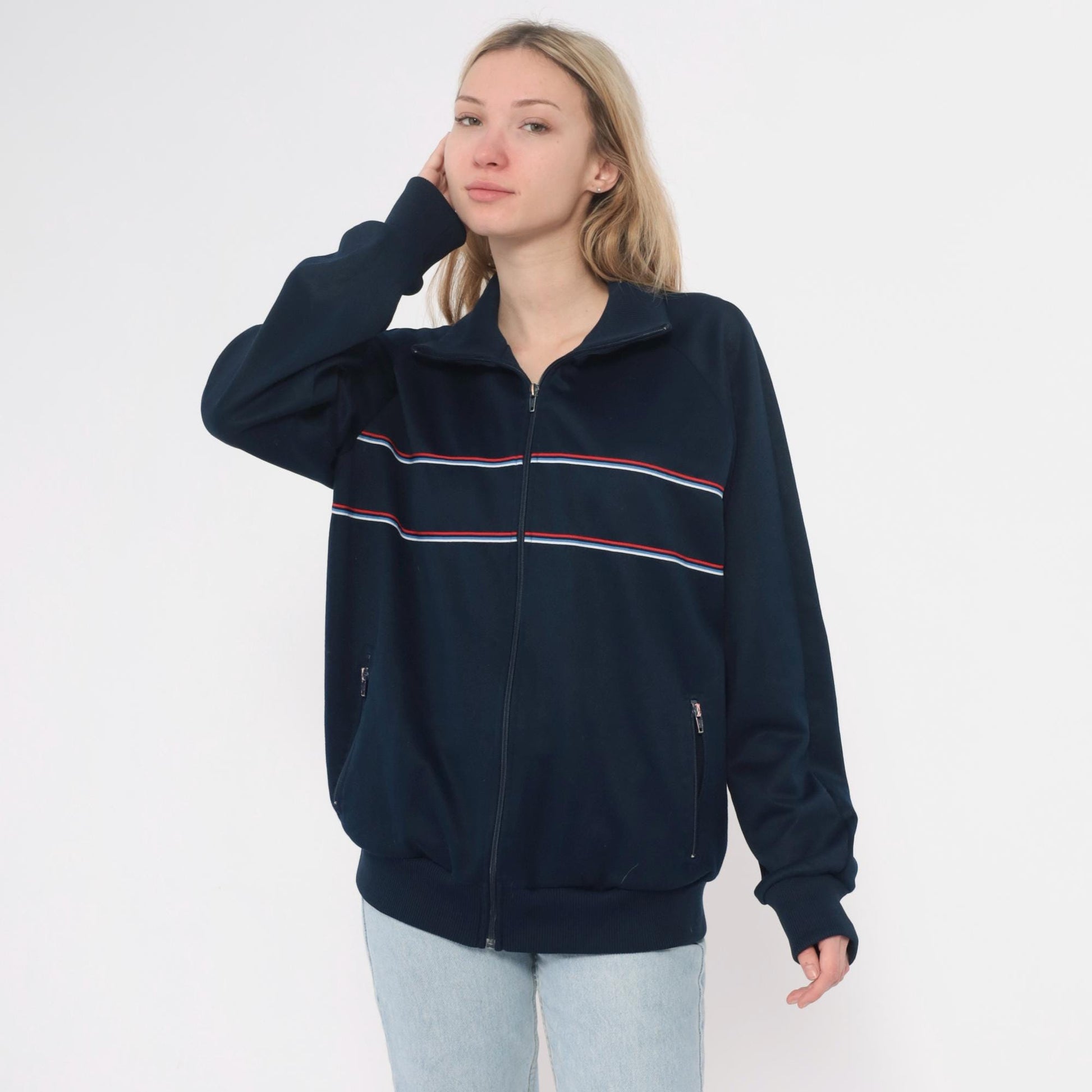 80s The Sports Scene Navy Track Jacket Striped Raglan Zip Large L