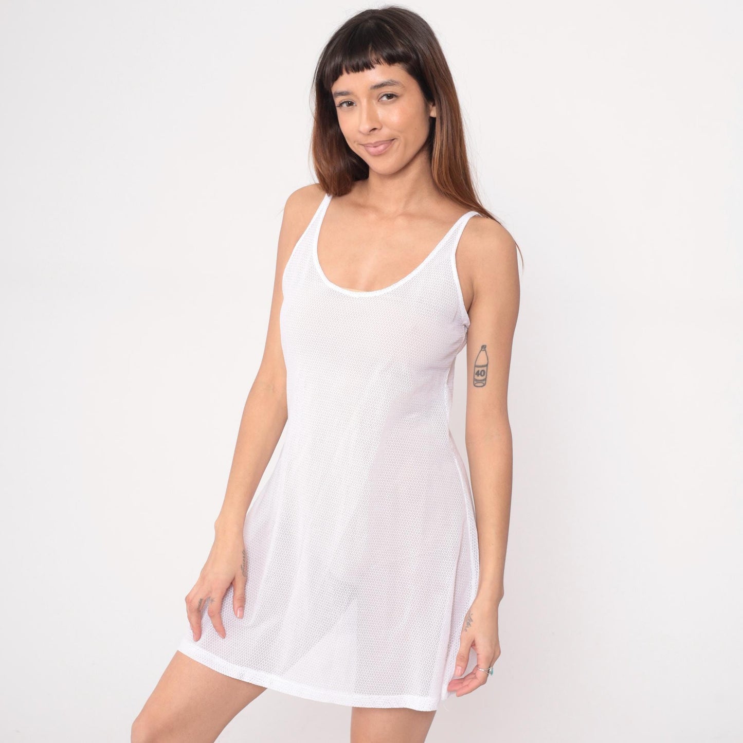 90s White Mesh Mini Dress Tank Sleeveless Scoop Neckline Medium M